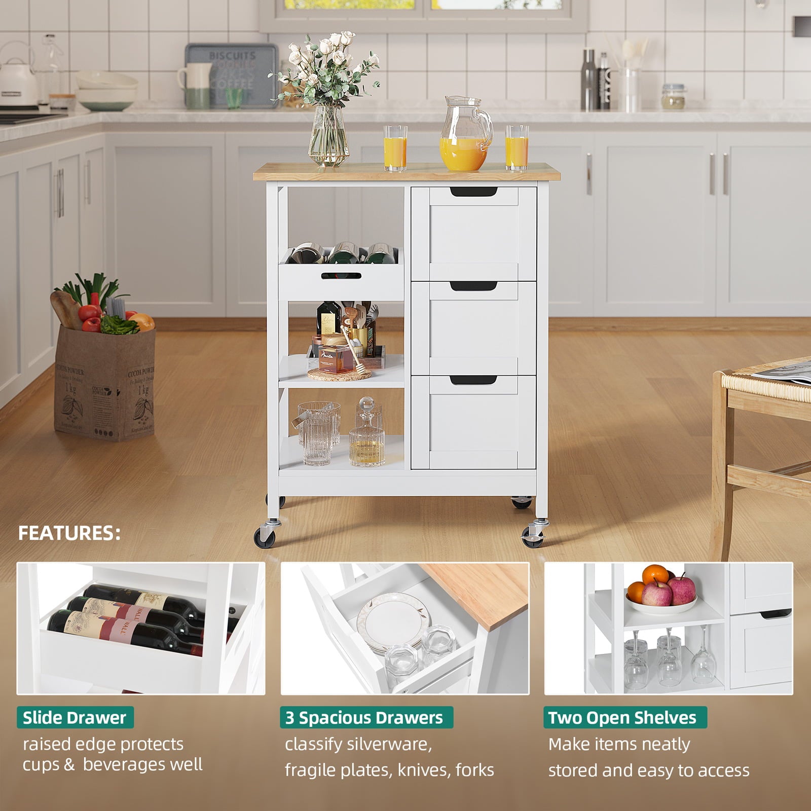 YITAHOME Mobile Rolling Kitchen Island Cart with Cabinet and Drawers and Towel Bar with 3 Drawers and 3 Storage Shelves， Solid Wood，White