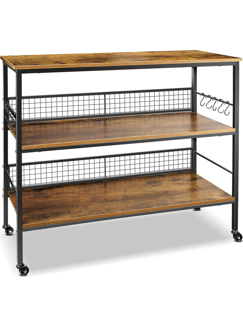 Cheflaud Rolling Kitchen Storage Cart Island with large open shelves and Large Worktop， 3-Tier Kitchen Baker’s Rack with 10 Hooks， Stable Steel Structure and Easy Assembly， Rustic Brown
