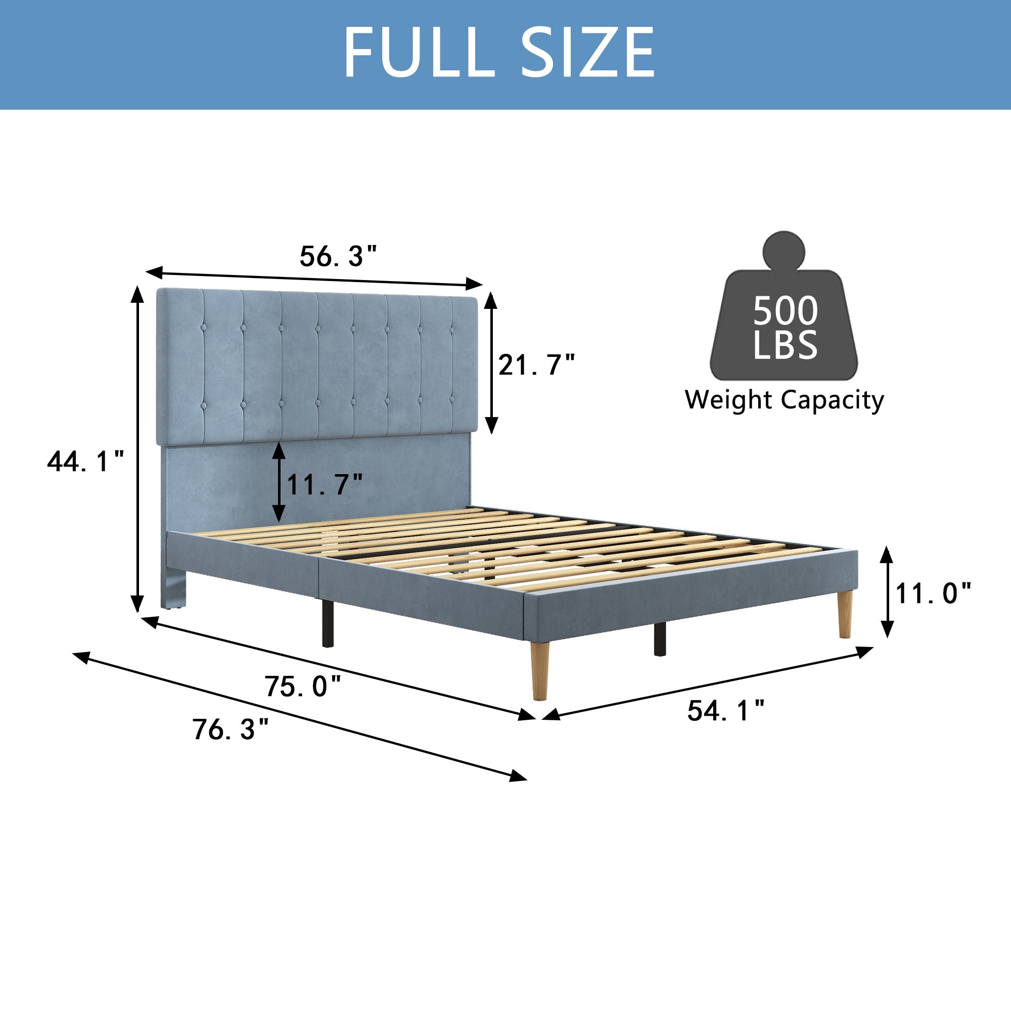 Blue Full Bed Frame for Adults Kids, Modern Fabric Upholstered Platform Bed Frame with Headboard, Full Size Bed Frame Bedroom Furniture with Wood Slats Support, No Box Spring Needed