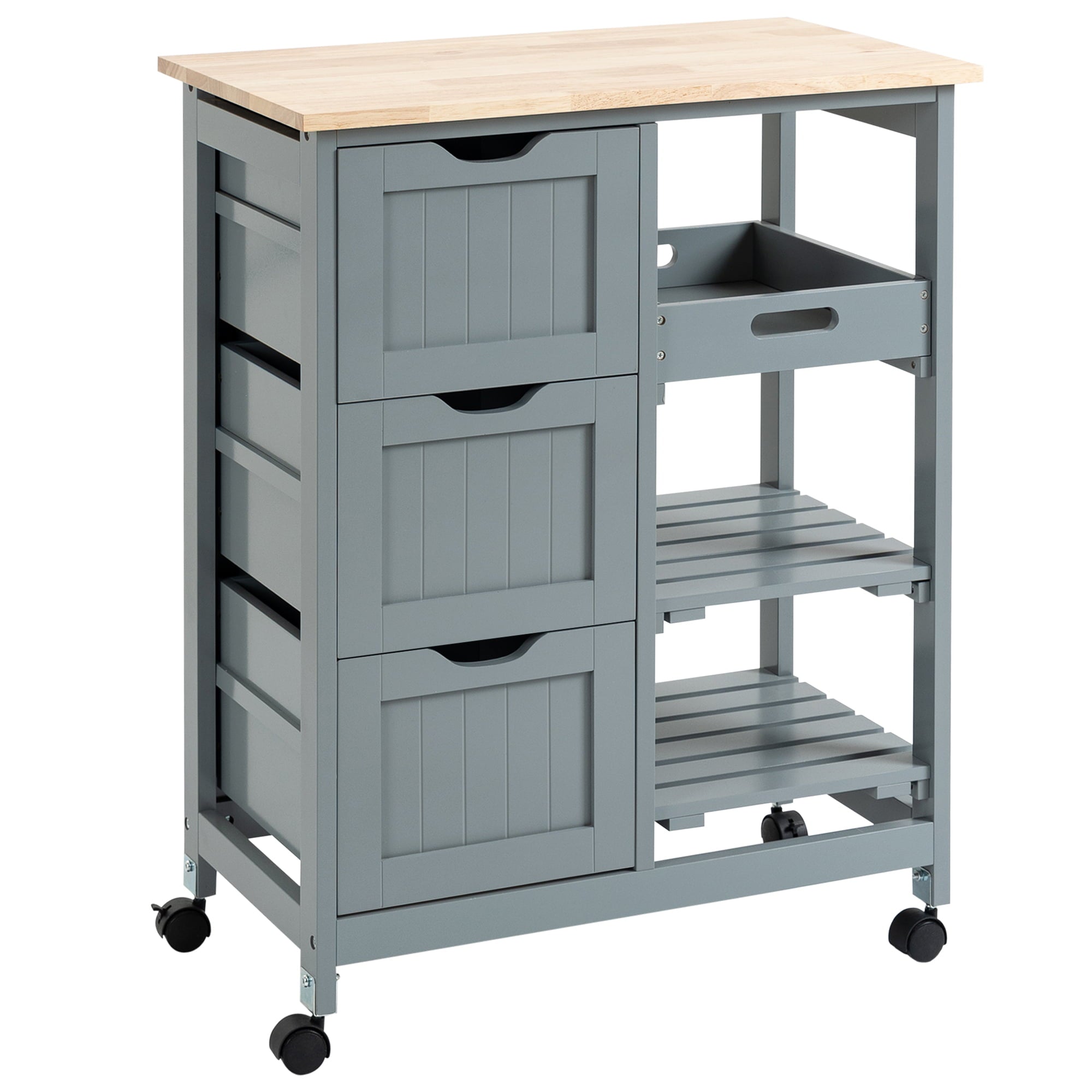 HomCom Rolling Kitchen Island Cart， Bar Serving Cart， Compact Trolley on Wheels with Wood Top， Shelves and Drawers for Home Dining Area， Gray