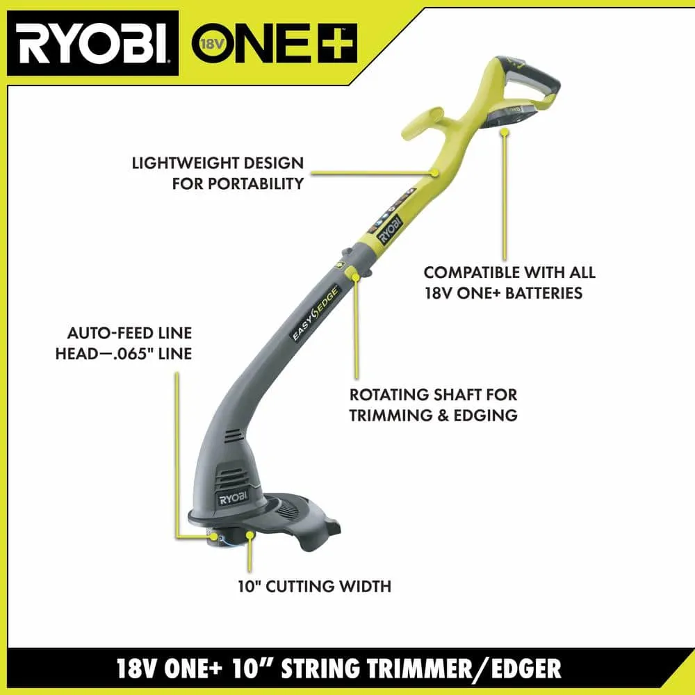 RYOBI ONE+ 18V 10 in. Cordless Battery String Trimmer and Edger with 1.5 Ah Battery and Charger P2030