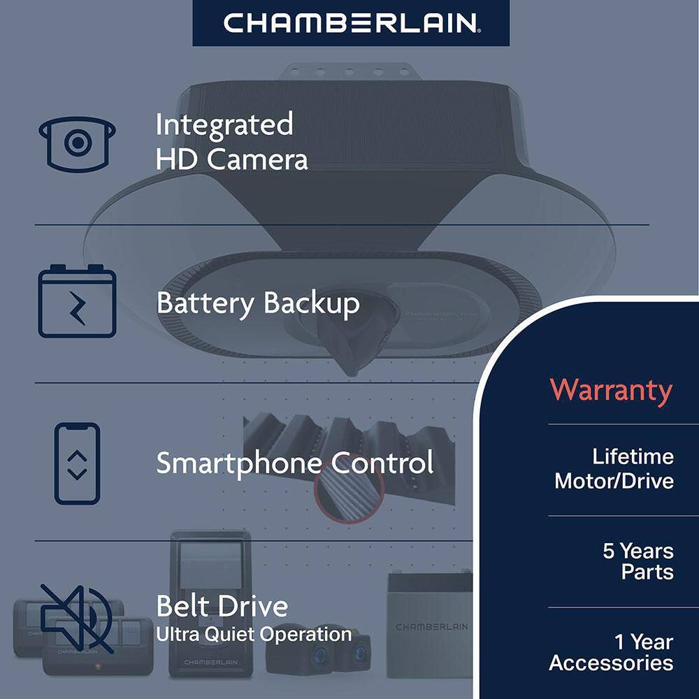 Chamberlain B6753T 1-1/4 HP LED Video Quiet Belt Drive Garage Door Opener with Integrated Camera and Battery Backup