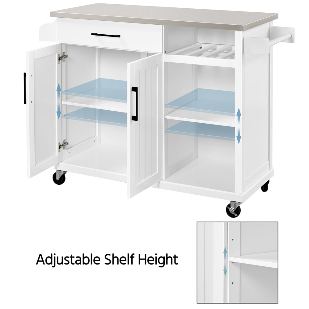 Topeakmart Kitchen Cart with Stainless Steel Top and Storage Kitchen Island on Wheels with Drawer and Cabinet and Open Shelves and Wine Rack and Spice Rack， White
