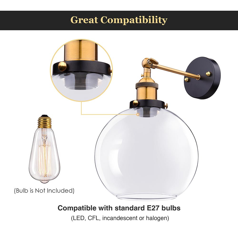 Yescom 8 in Vintage Clear Glass Globe Shade Wall Lamp 1 Light