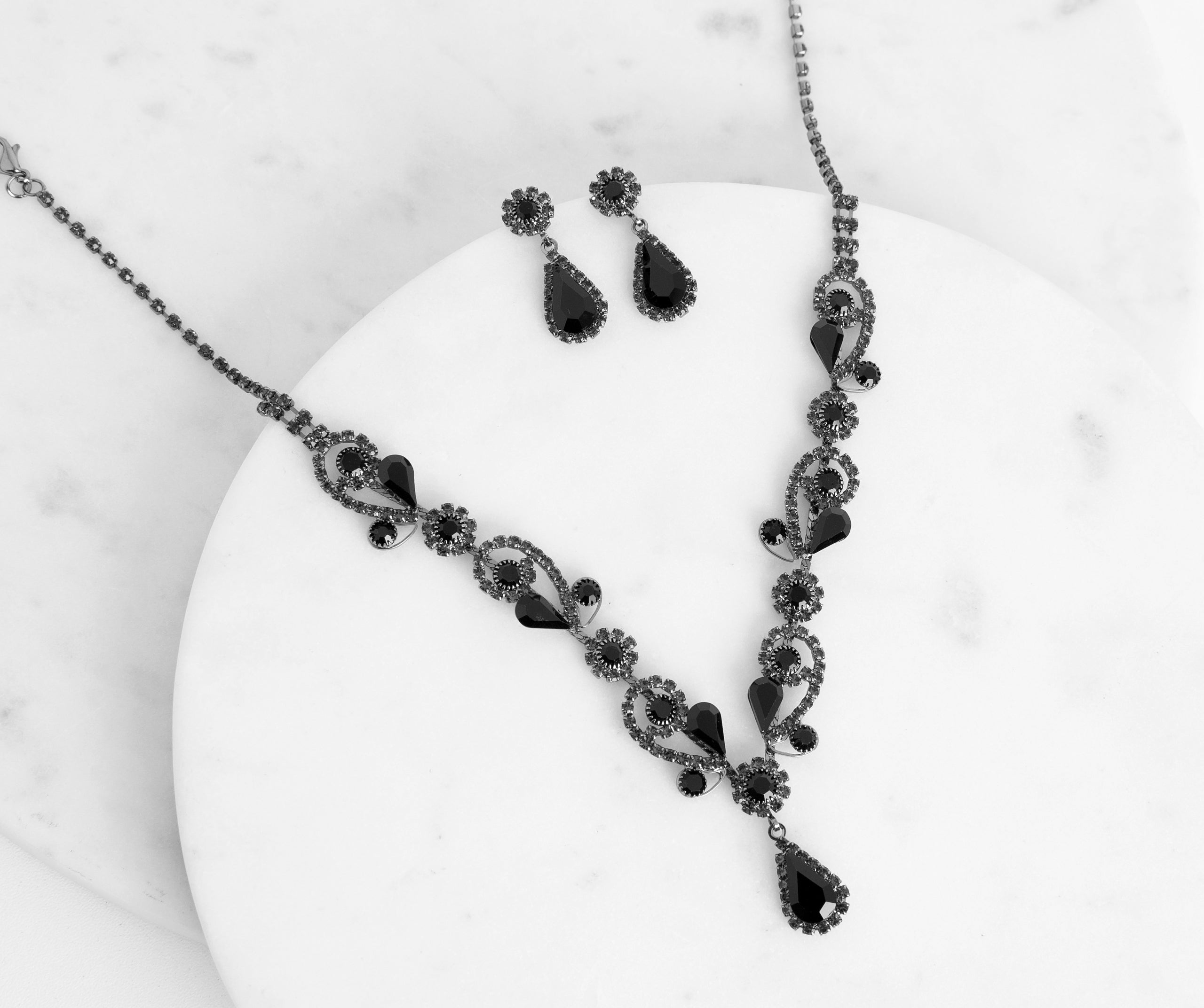 Dark And Stunning Drop Stone Necklace + Earring Set