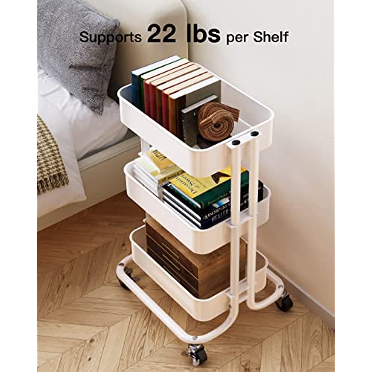 Metal Rolling Utility Cart 3-Tier， Heavy Duty Storage Cart with 2 Lockable Wheels， Multifunctional Mesh Organization Cart for Kitchen Dining Room Living Room (White)
