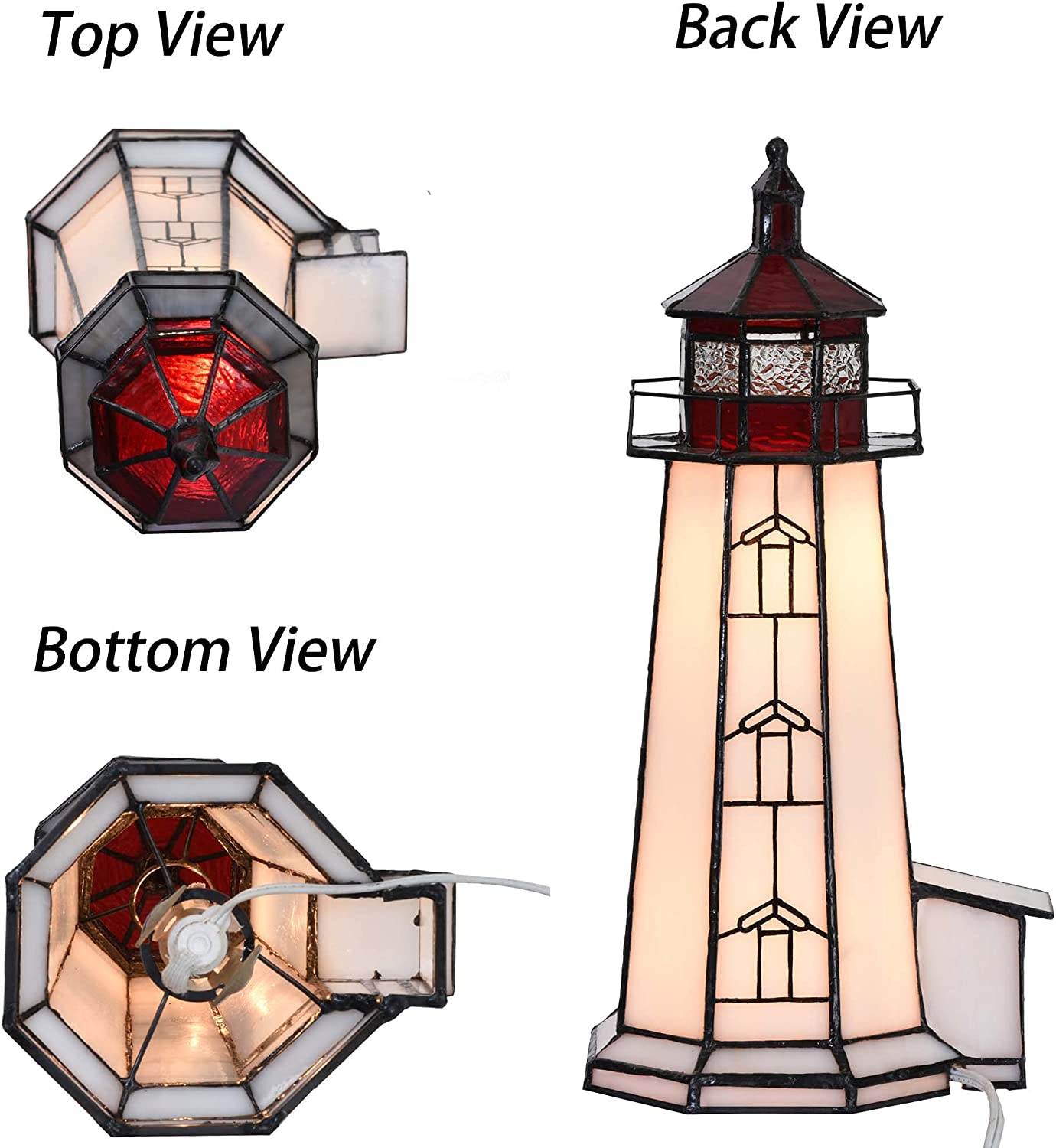 SHADY L10770 Peggy&#39;s Point Lighthouse  Style Stained Glass Accent Table Lamp Night Light  12-inches Tall