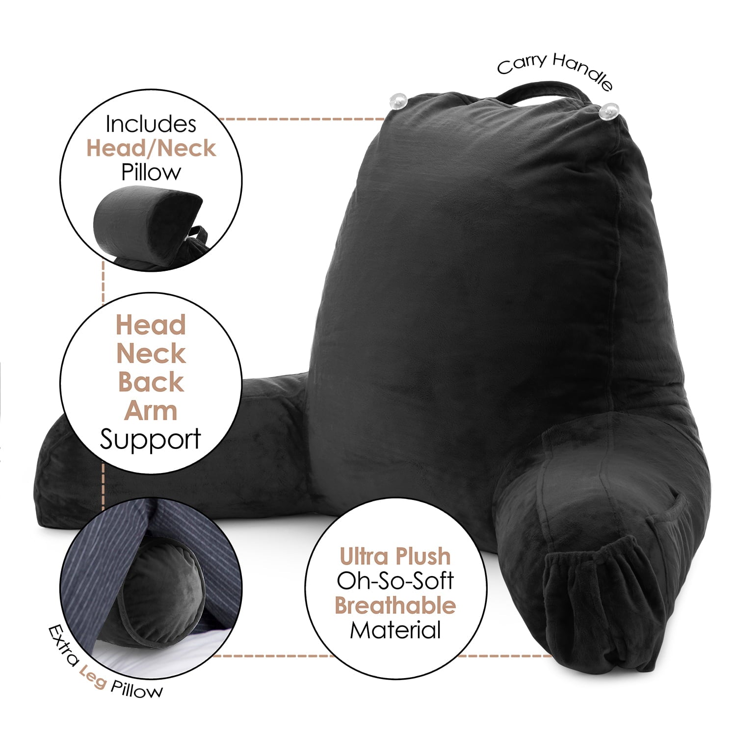 Nestl Reading Pillow, Extra Large Bed Rest Pillow with Arms – Premium Shredded Memory Foam TV Pillow, Detachable Neck Roll & Lumbar Support Pillow - Black