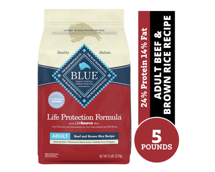 Blue Buffalo Life Protection Formula Adult Dog， Beef  Rice Recipe， 5 lb. Bag