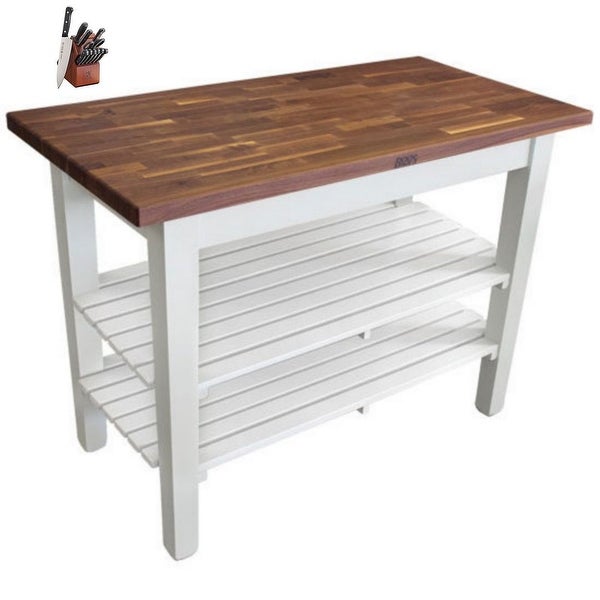 John Boos Walnut 48x30 Table W/ Two Shelves and Casters and Henckels Knife Set - - 33428481