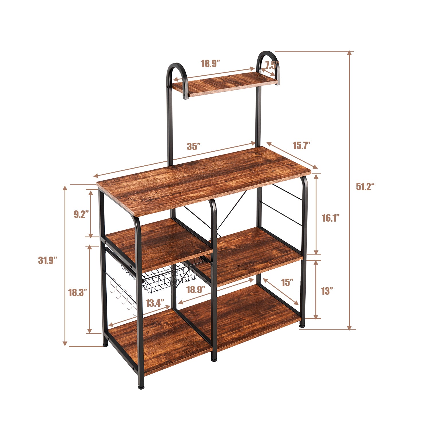 Kitchen Utility Storage Shelf Microwave Stand Cart on Wheels with Side Hooks by LAZYLAND（Brown）