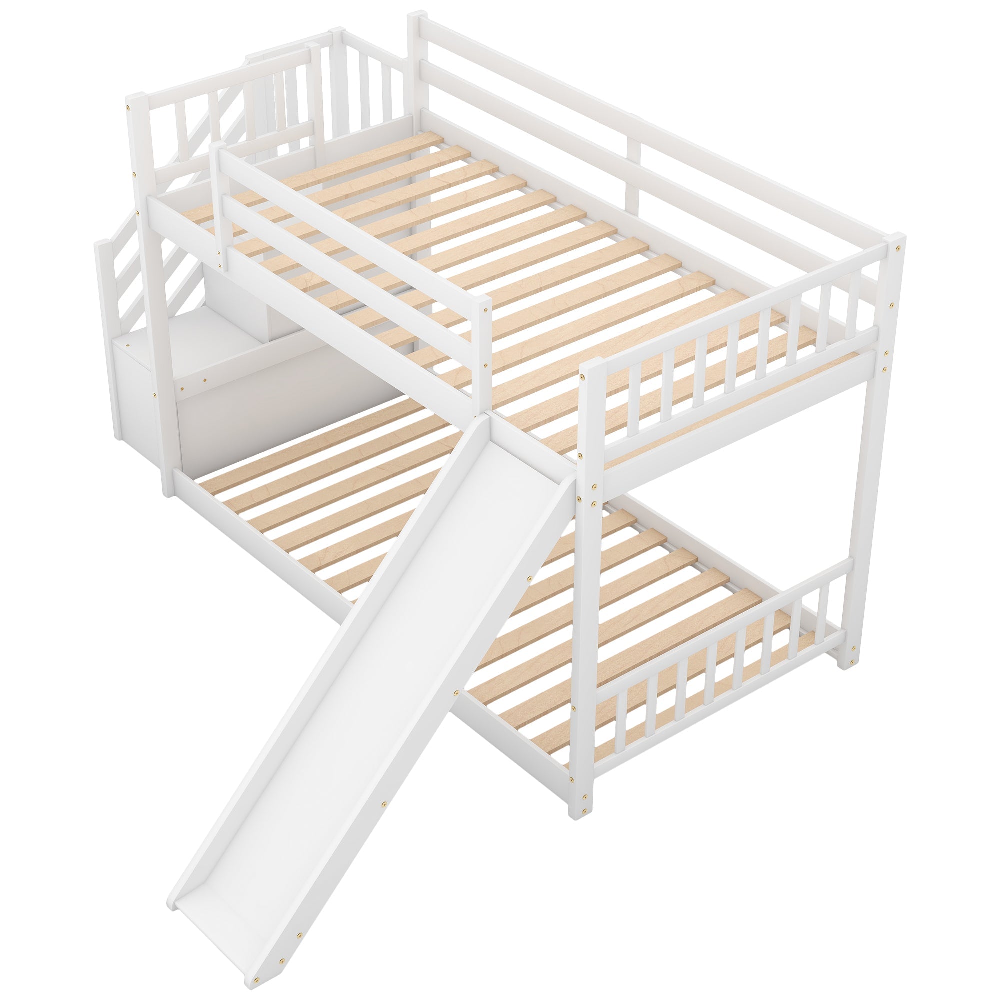 Euroco Twin over Twin Bunk Bed with Slide and Stairway for Kids' Room, White
