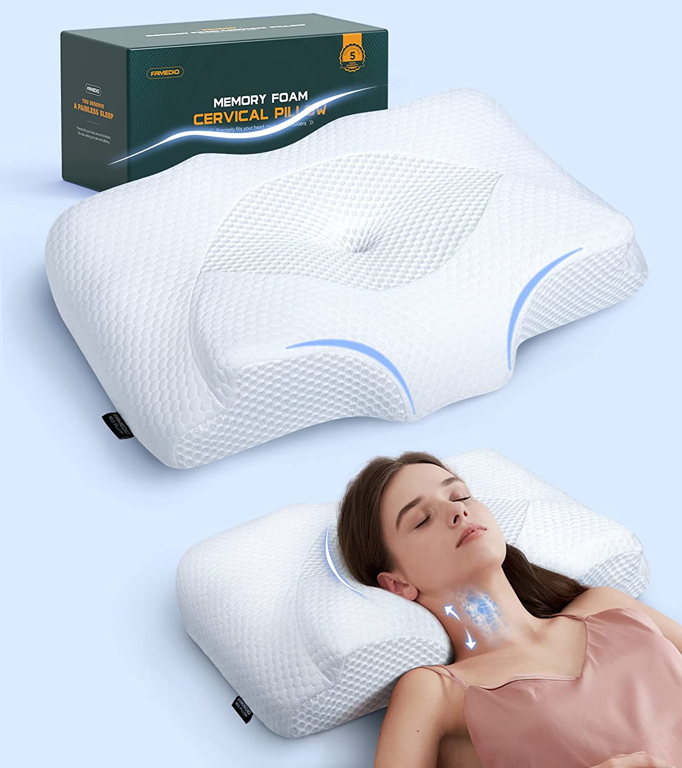 Adjustable Cervical Pillow for Neck Pain Relief, Hollow Contour Memory Foam Pillows Plus Support, Odorless Orthopedic Bed Pillows for Sleeping, Shoulder Pillow for Side Back Stomach Sleeper