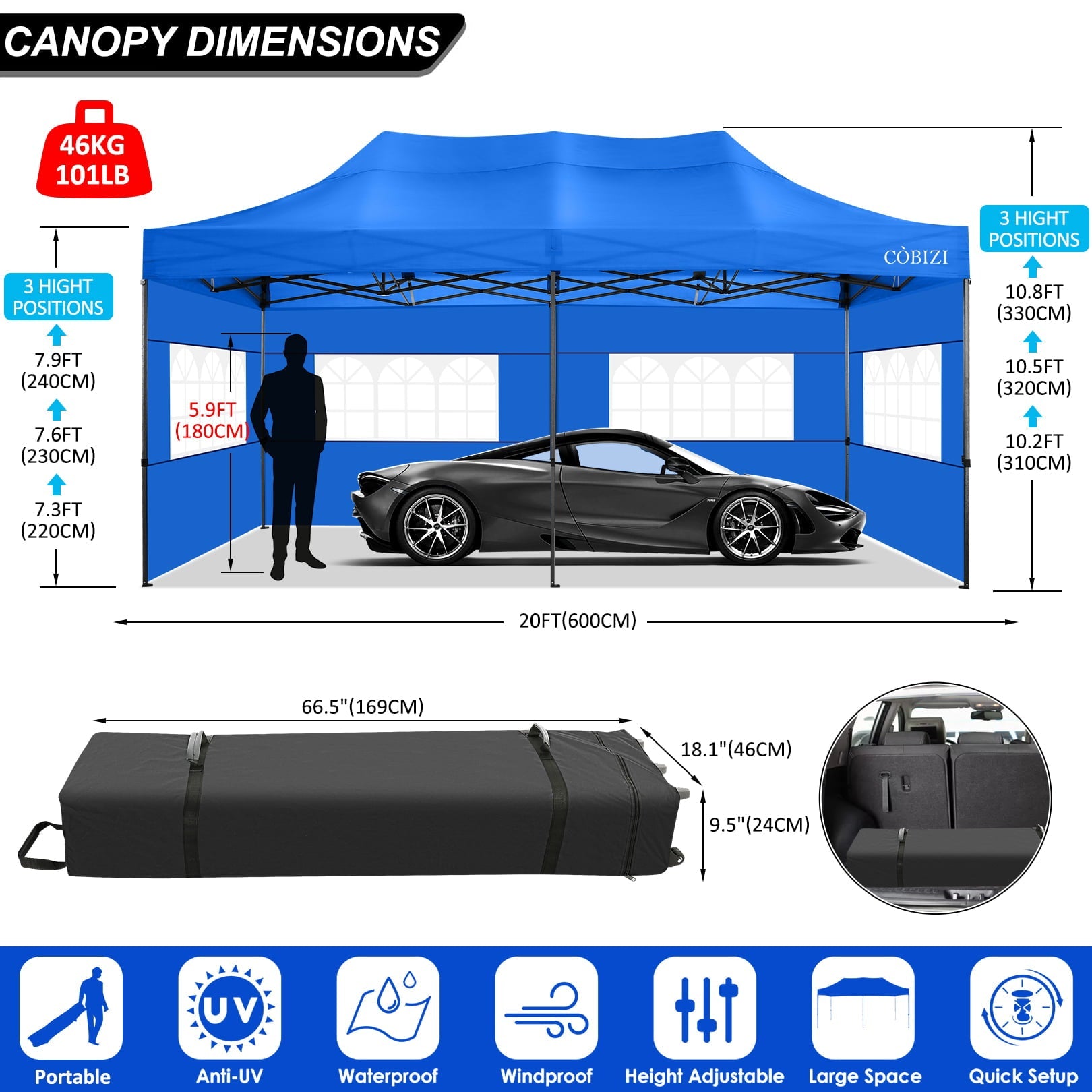 10'x20' Pop Up Canopy Waterproof Folding Tent Outdoor Easy Set-up Instant Tent Heavy Duty Commercial Wedding Party Shelter with 6 Removable Sidewalls, 6 Sandbags, Roller Bag, Blue