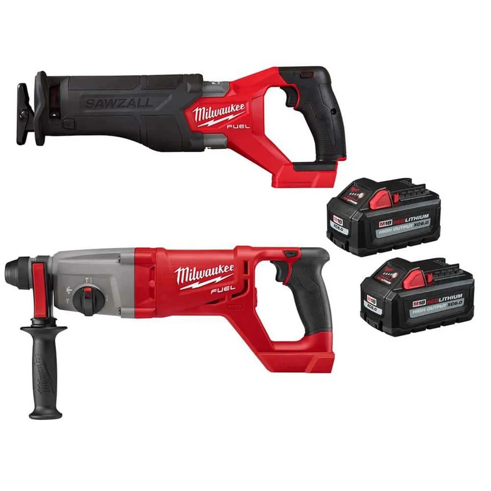 Milwaukee M18 FUEL 18-Volt Lithium-Ion Brushless Cordless SAWZALL w/1 in. SDS-Plus Rotary Hammer, Two 6 Ah High Output Batteries 2821-20-2713-20-48-11-1862