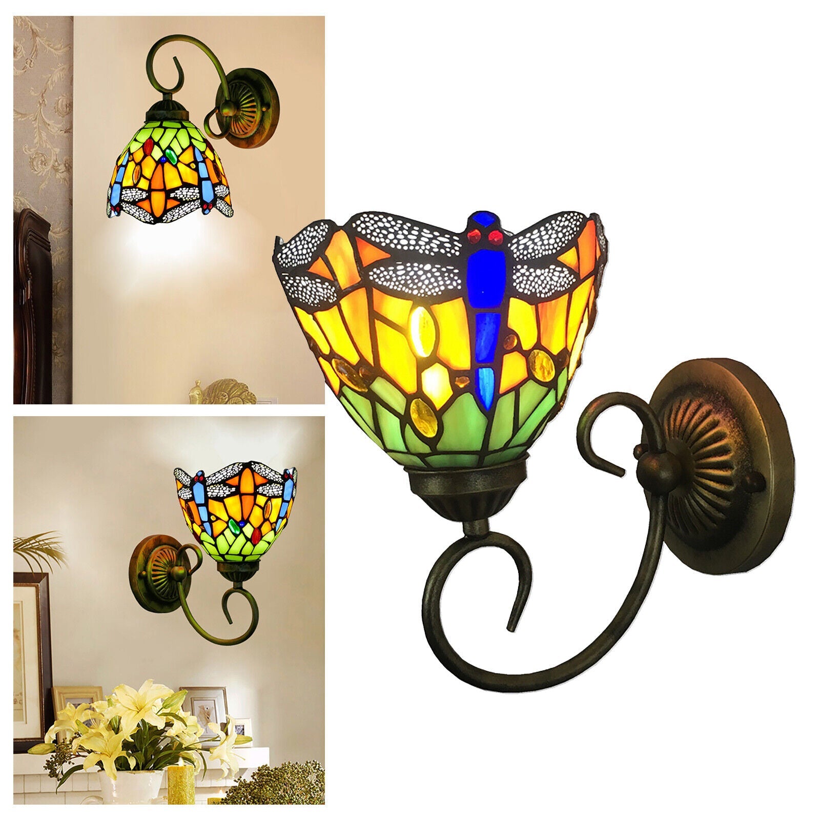  LED Wall Lamp Stained Glass Shade Hanging Light Fixture Large Design Suitable for Study Room Restaurant Bar E27 (Bulb Not Included)