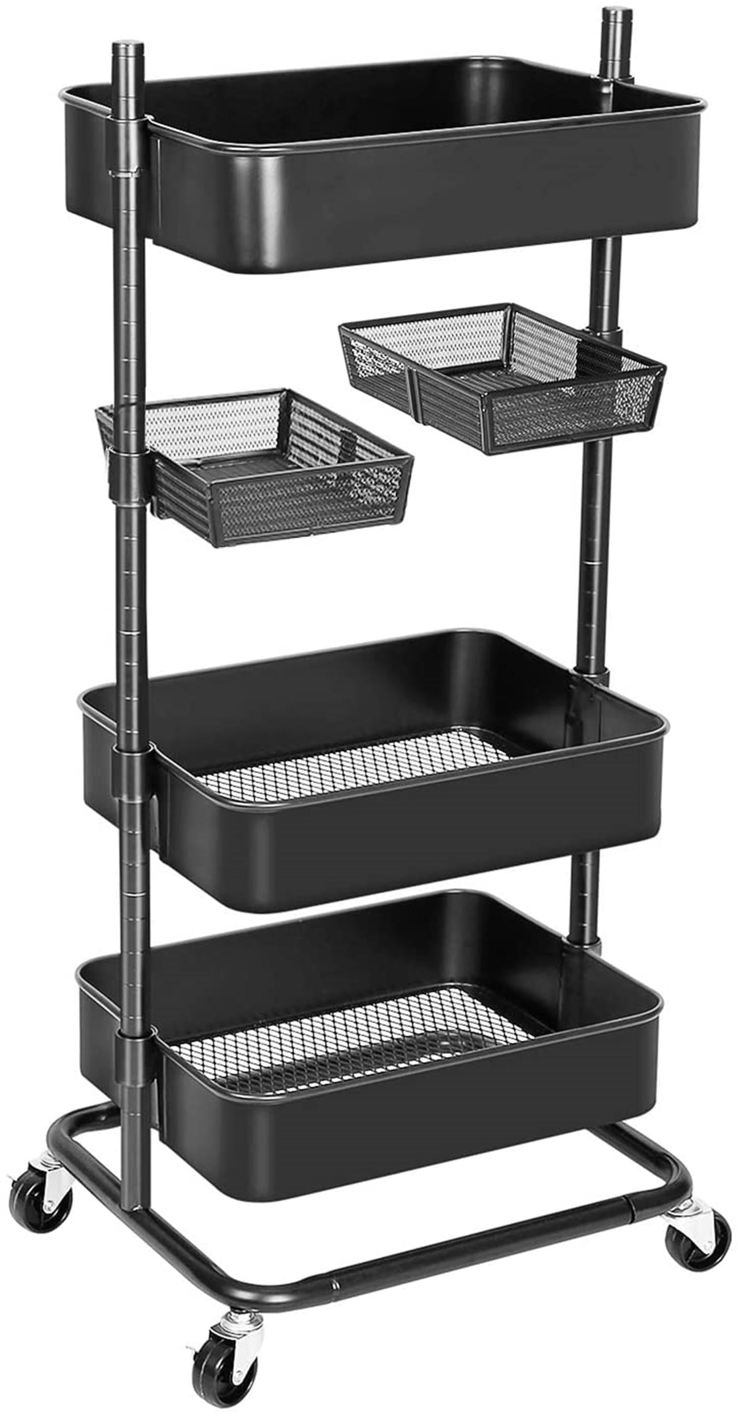 Anstar 3-Tier Rolling Utility Cart with 2 Rotatable Trays Adjustable Multifunction Storage Cart with Lockable Wheels Easy Assembly Makeup Cart Trolley Cart for Kitchen Bathroom Garage Salon (Black)