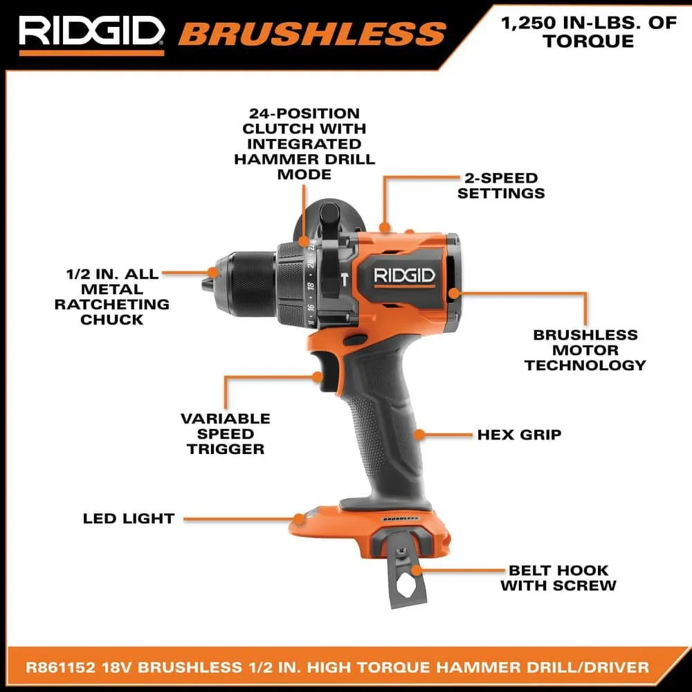 RIDGID 18V Brushless Cordless 1/2 in. High Torque Hammer Drill/Driver (Tool Only) R861152B