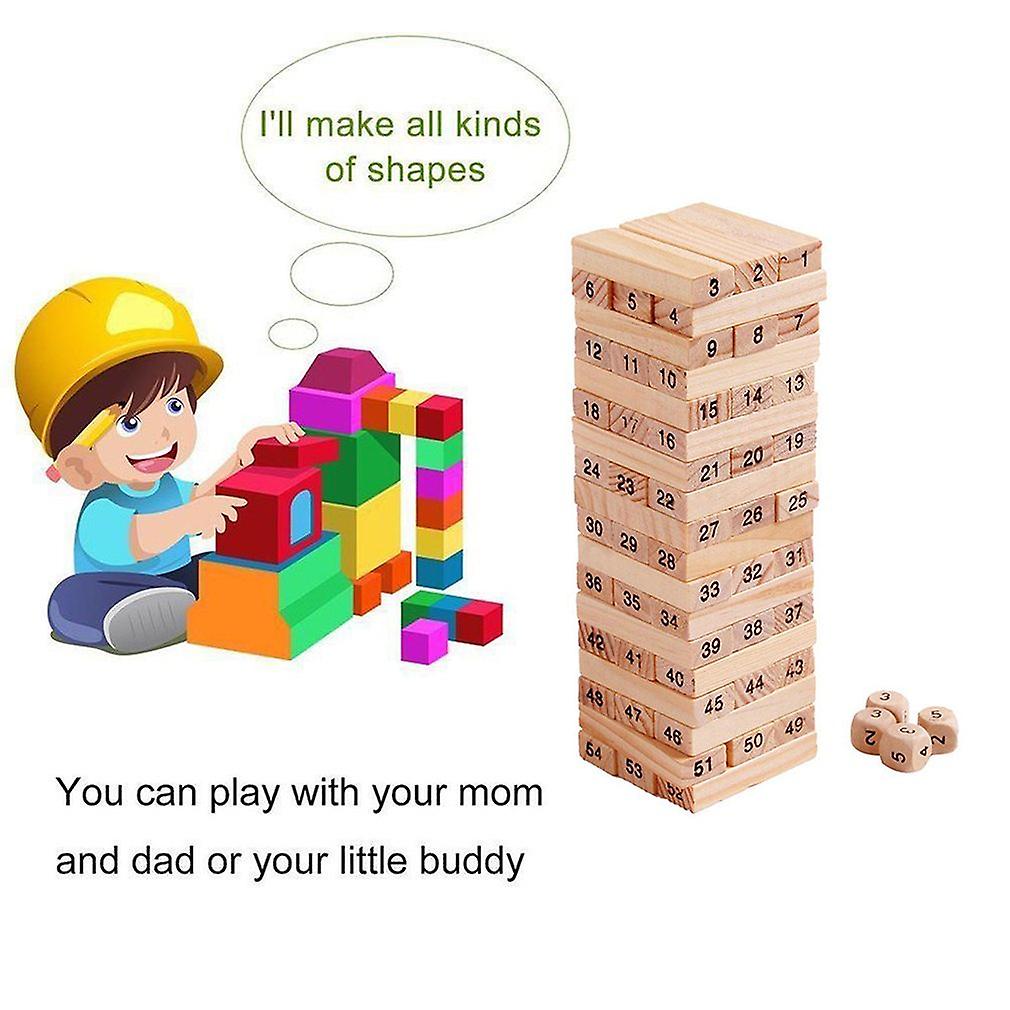 54 Pieces Log-coloured Digital Children' S Stacked Building Blocks Wooden Tumbling Tower Game Family Garden Games Toy