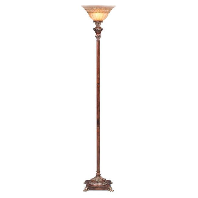 HomeRoots 431805 69 in. Faux Wood Torchiere Floor Lamp with Brown Stained Glass Bell Shade&#44; Brown