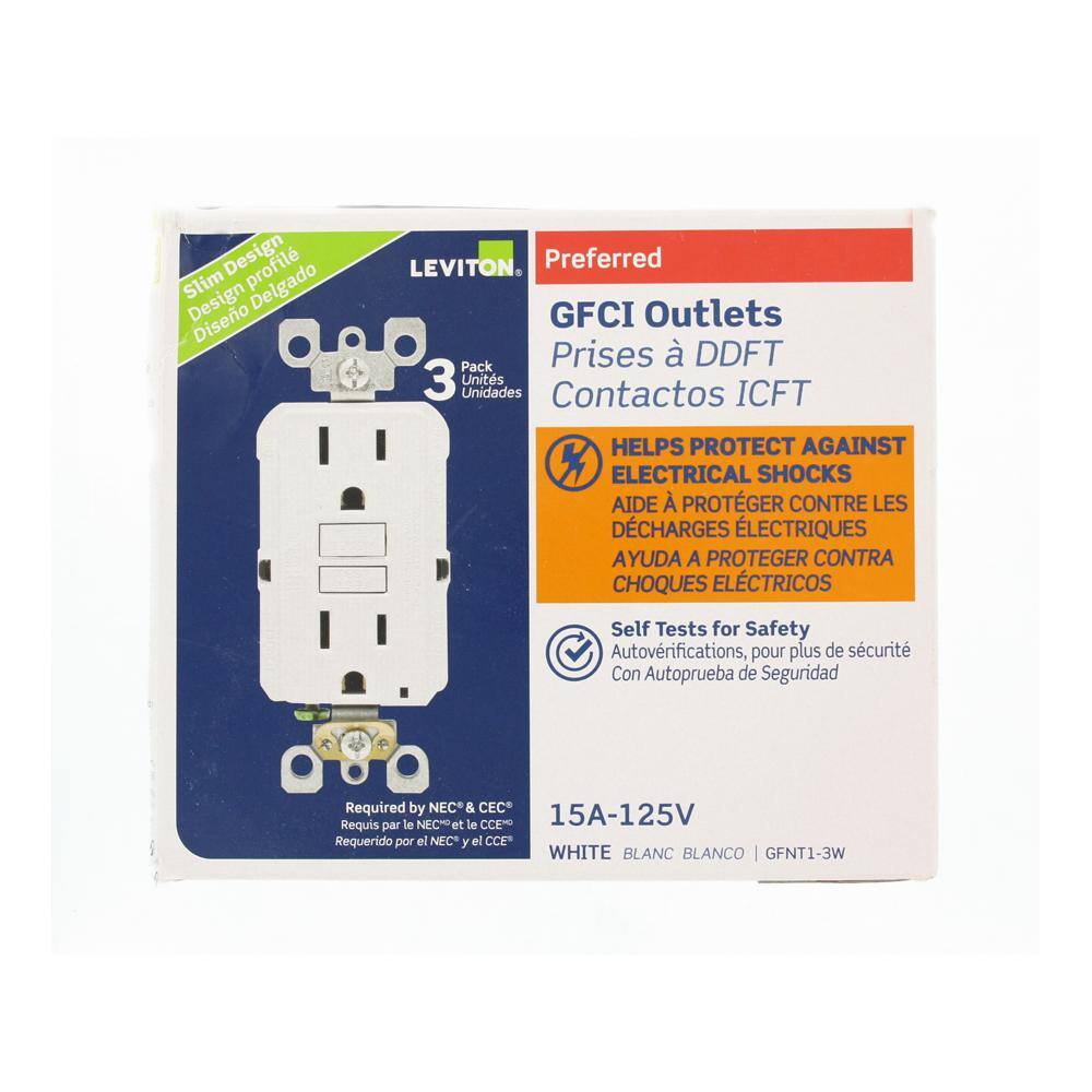 Leviton 15 Amp 125-Volt Duplex Self-Test Slim GFCI Outlet， White (4-Pack) M42-GFNT1-04W