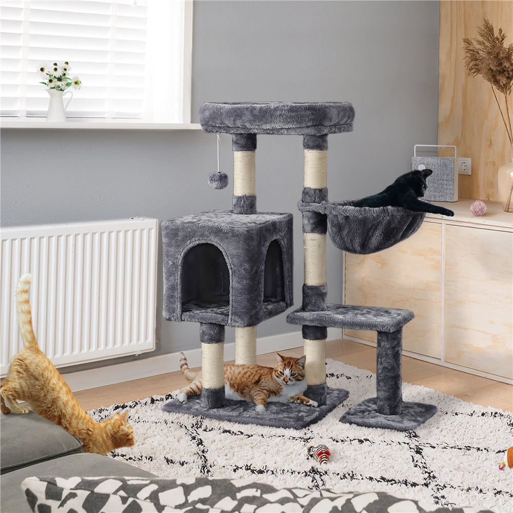Topeakmart 38-in Cat Tree Scratching Post Tower with Plush Perch and Basket， Dark Gray