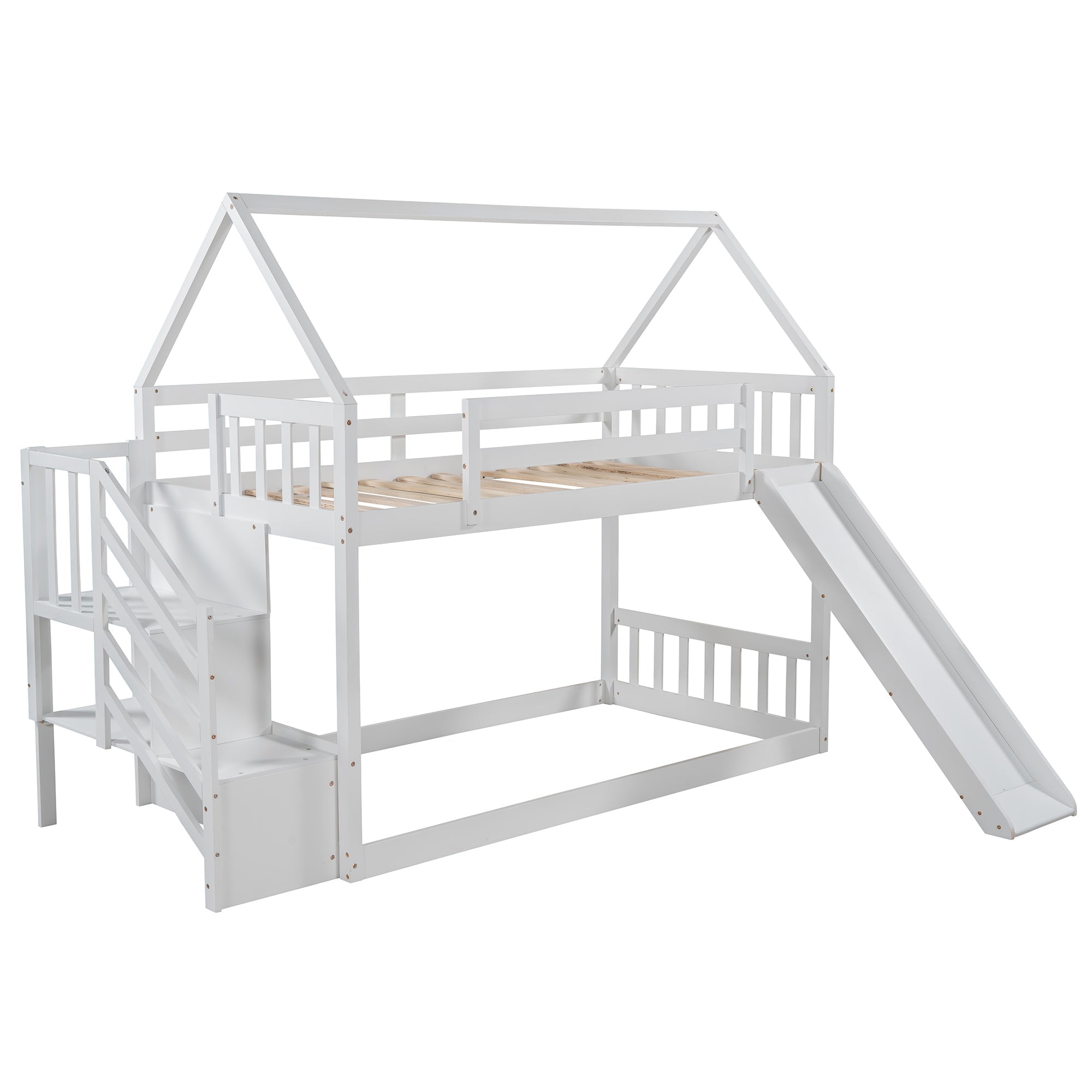 EUROCO Twin over Twin House Bunk Bed with Staircase for Kids Bedroom, White