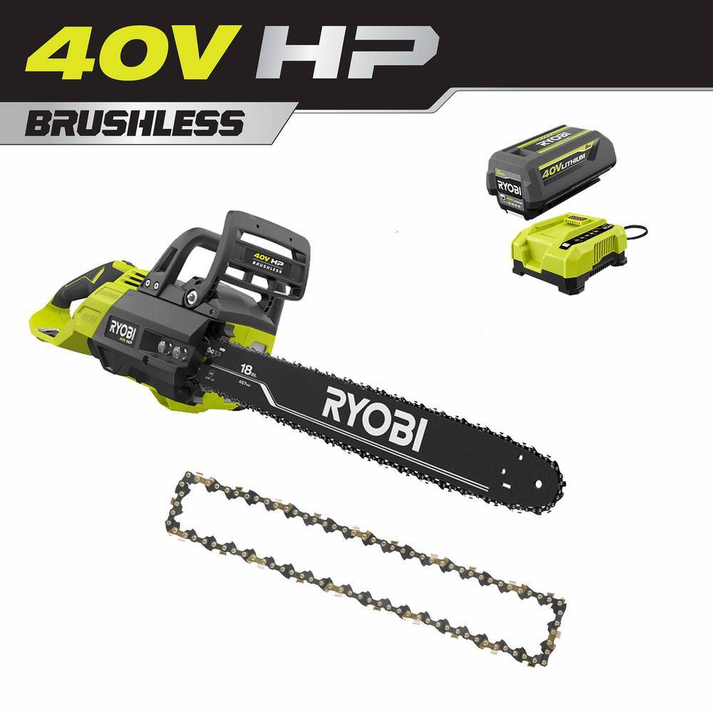 RYOBI RY40580-AC 40V HP Brushless 18 in Battery Chainsaw w/ Extra 18 in. Chain， 5.0 Ah Battery and Charger