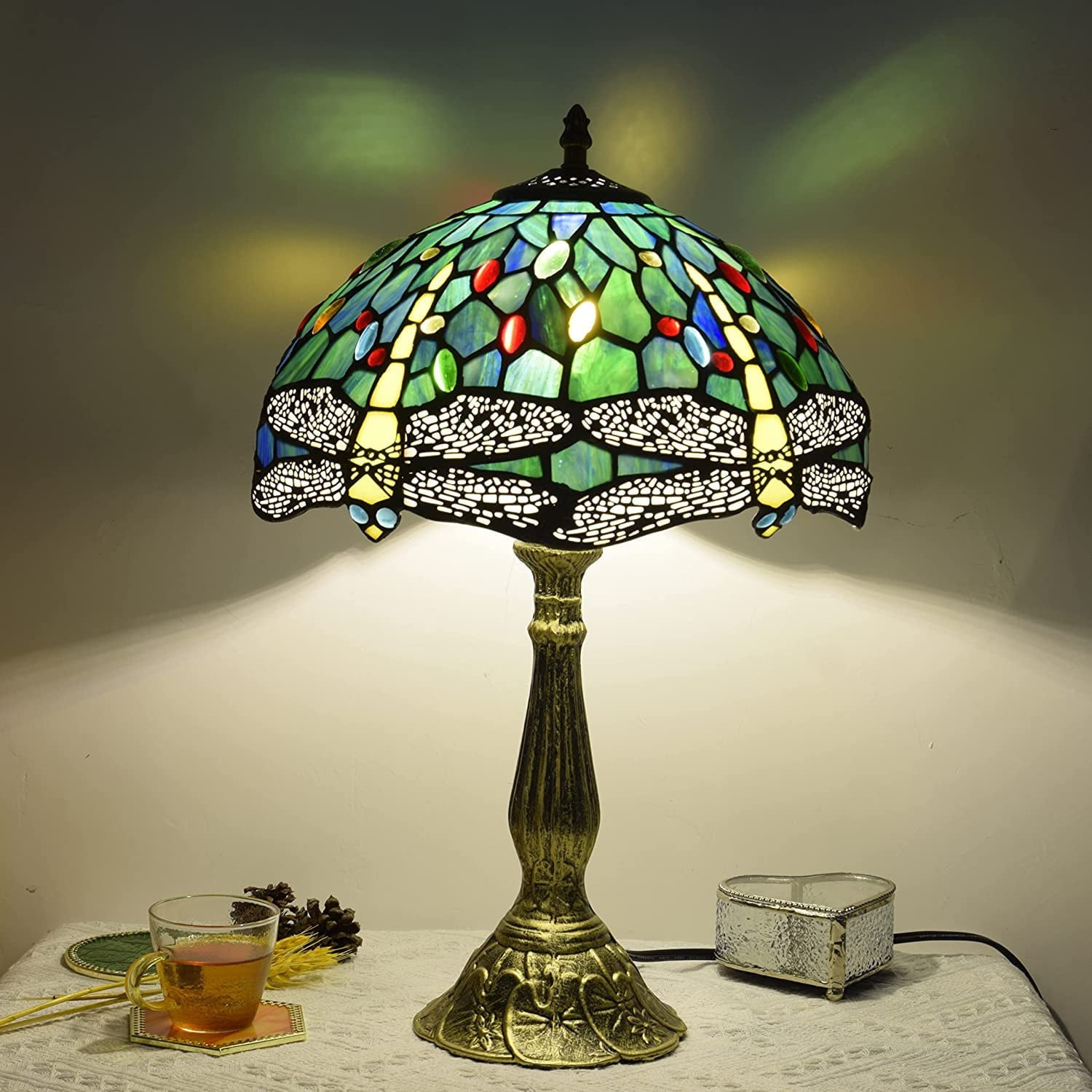 SHADY  Lamp Stained Glass Lamp Dragonfly Green Bedroom Table Lamp Reading Desk Light for Bedside Living Room Office Dormitory Dining Room Decorate  12x12x18 Include Light Bulb