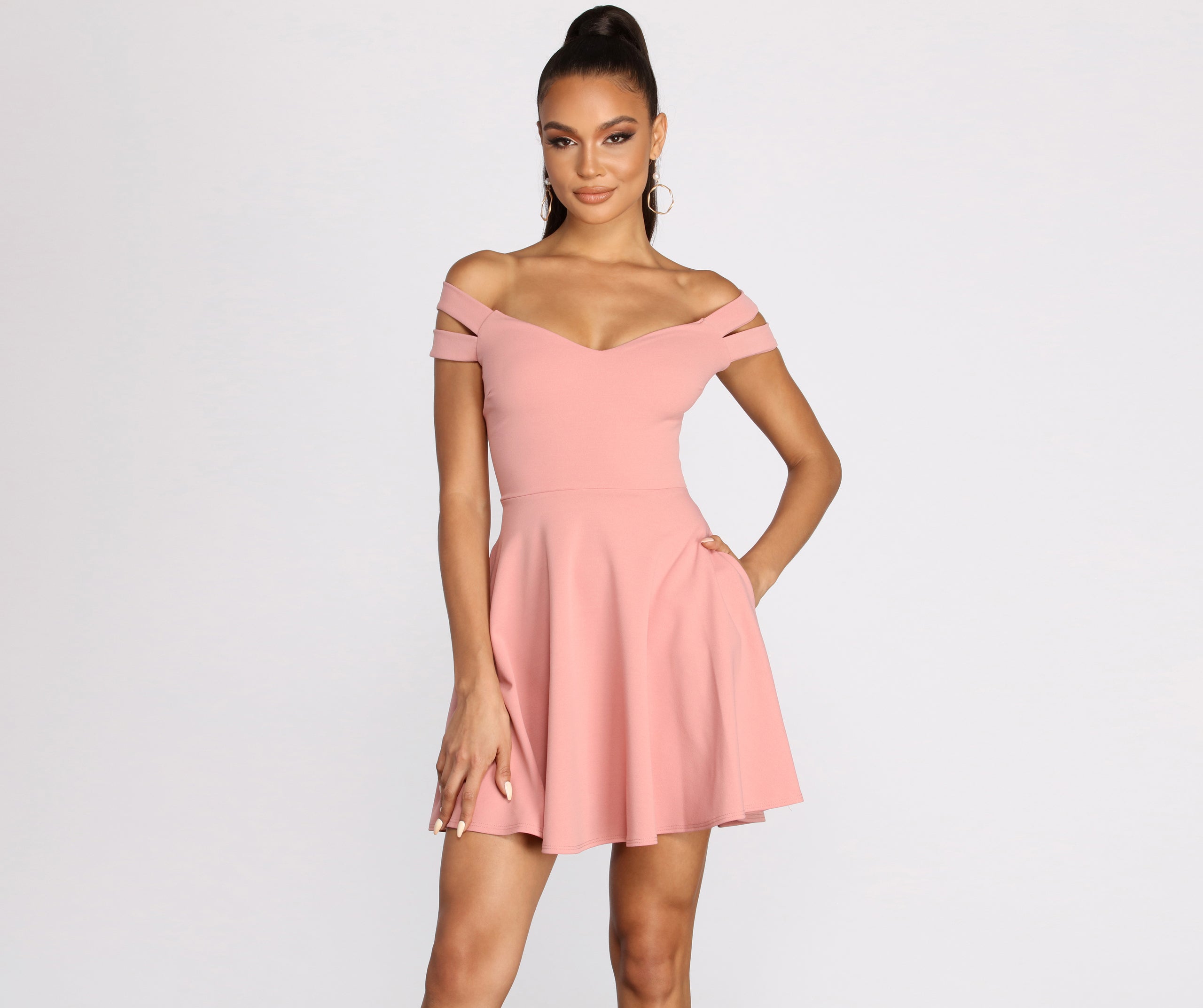 Give It A Spin Off Shoulder Pleated Skater Dress