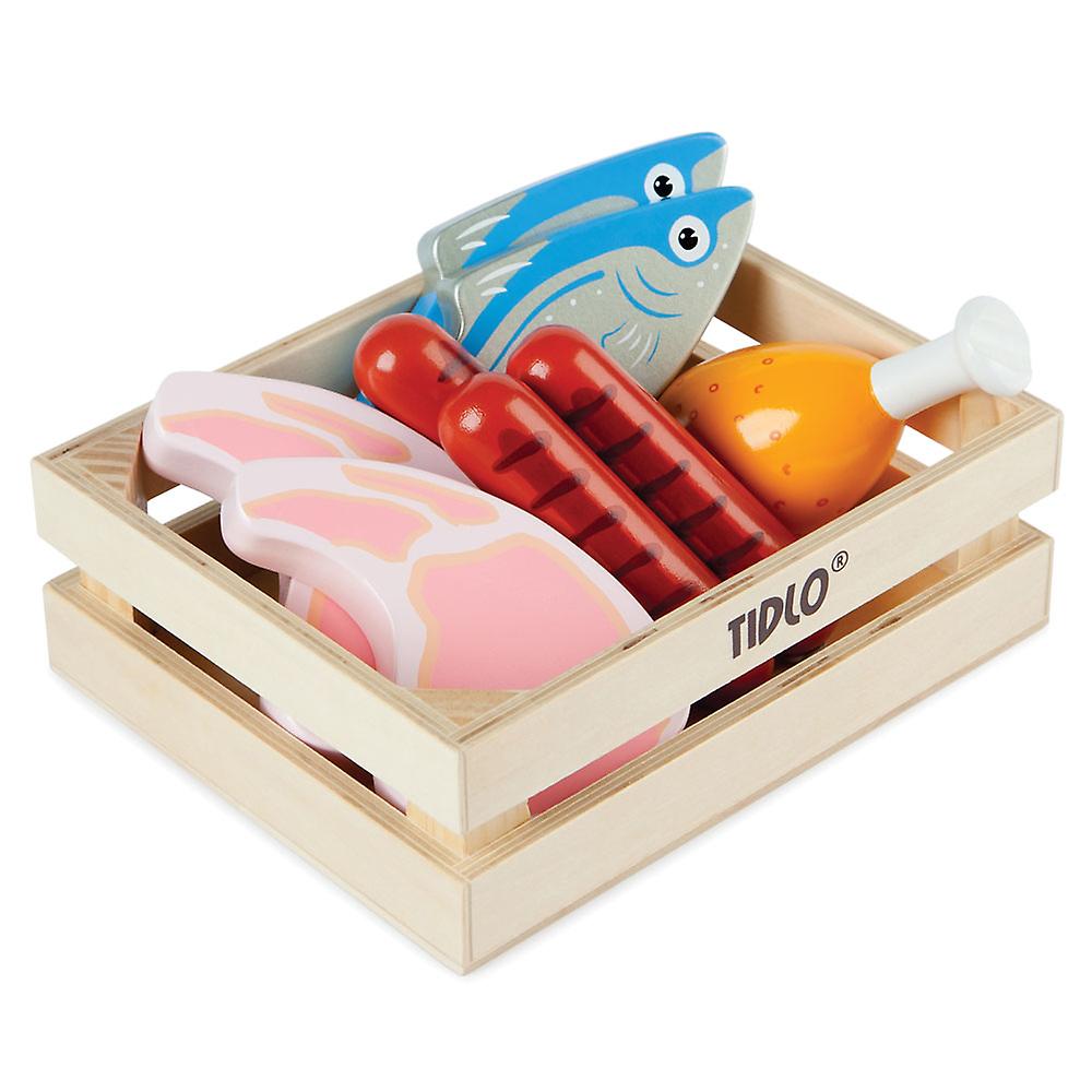 Tidlo Wooden Meat and Fish Play Food Set Pretend Kitchen Shop Accessories