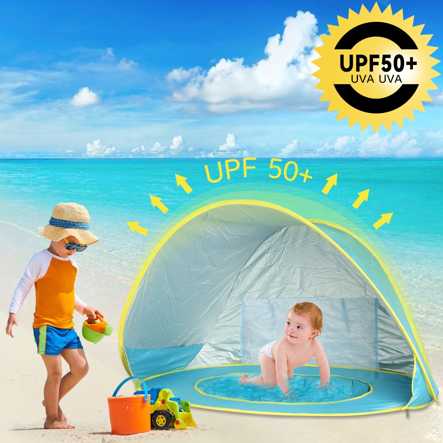 DOTSOG Baby Beach Tent Pop Up Portable Shade Pool UPF 50+ Protection Sun Shelter Beach Umbrella for Infant Beach Camping Fishing Hiking Blue