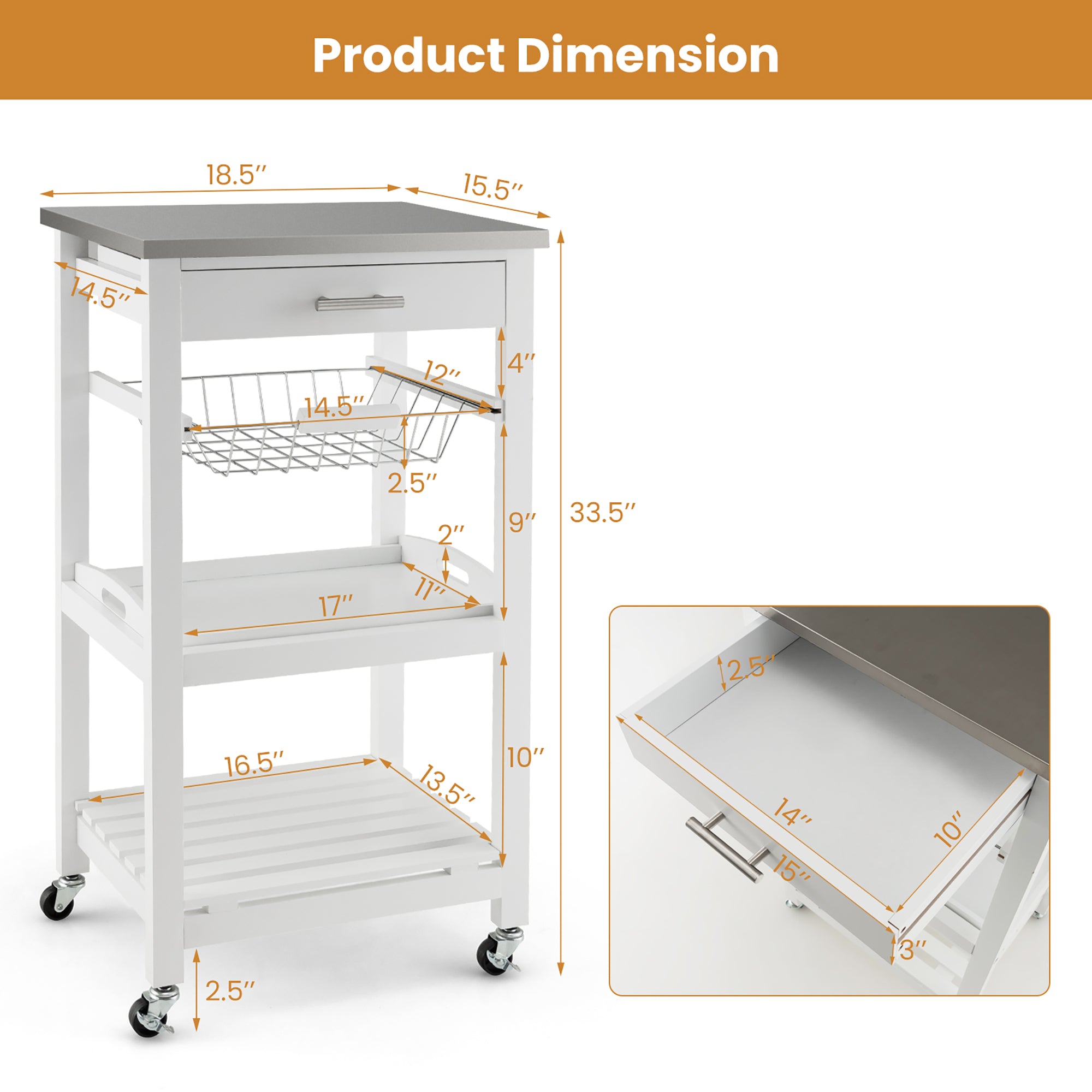 Costway Compact Kitchen Island Cart Rolling Service Trolley withStainless Steel Top Basket