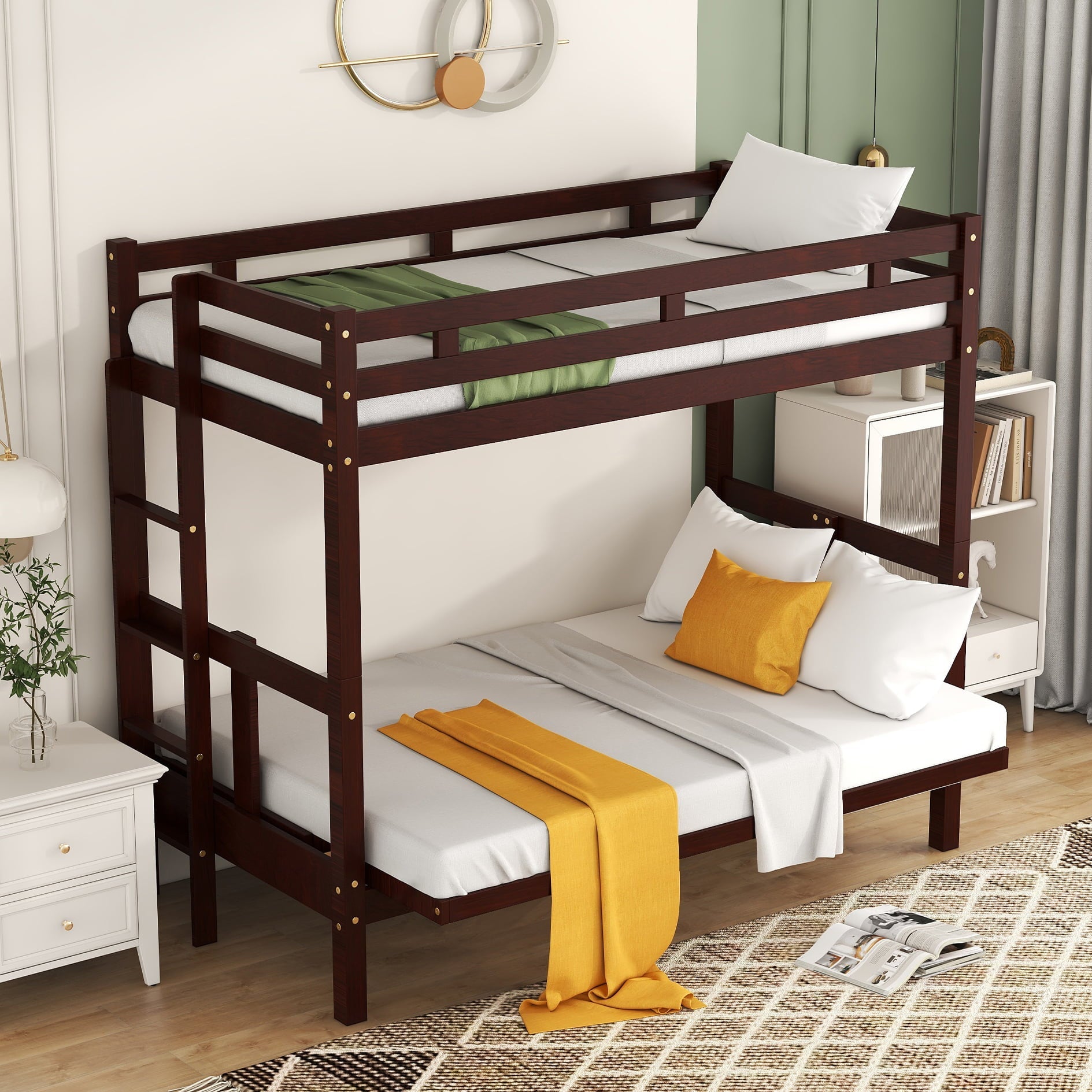 Bellemave Twin Over Full/Futon Bunk Beds, Wood Bunk Bed Frame can be Converted into Couch, 2 in 1 Detachable Bunk Bed for Kids Teens Adults (Espresso)