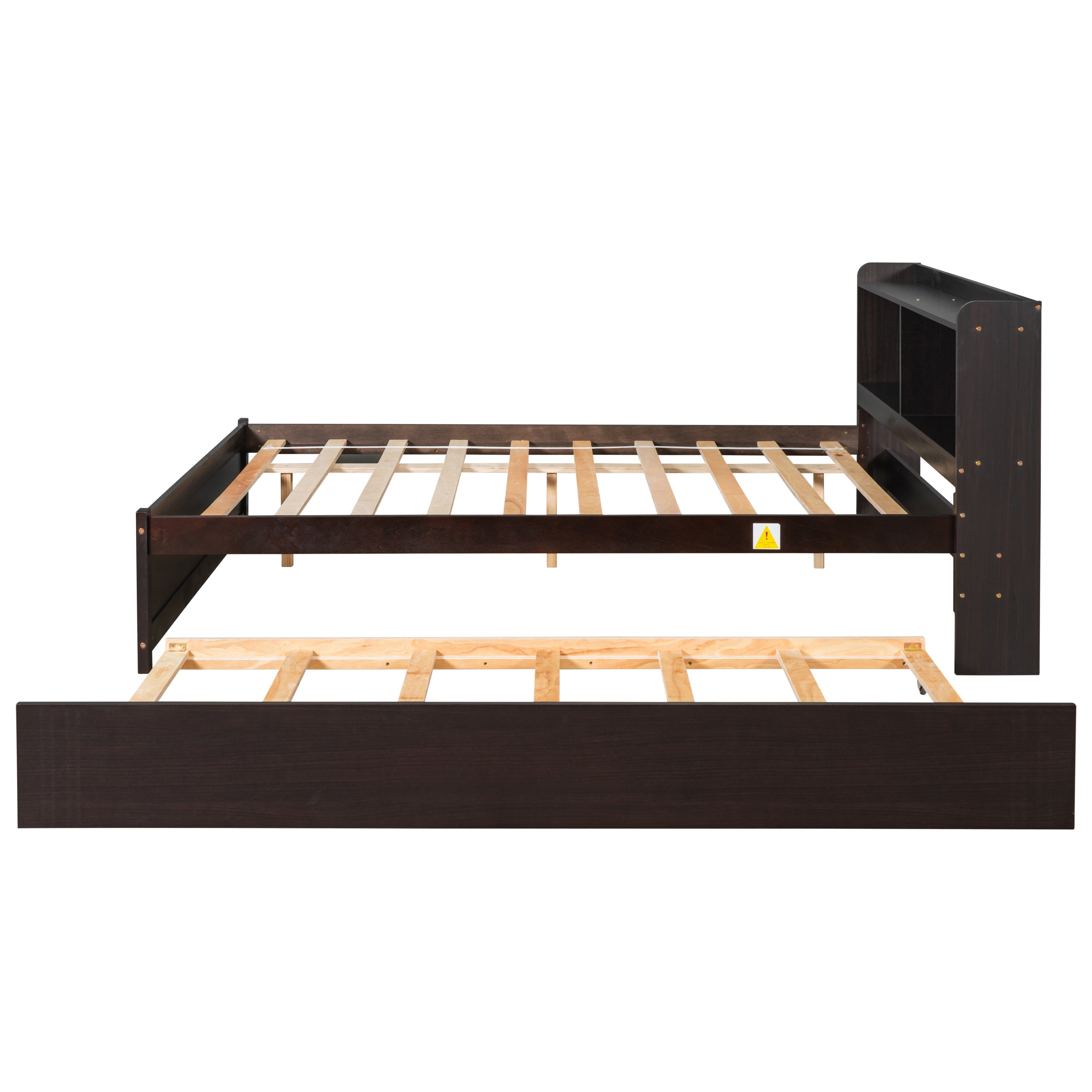 Full Bed Frame with Trundle Included, BTMWAY Wood Platform Bed with Storage Bookcase and Headboard, No Box Spring Needed, Full Size Bed Frame for Kids Boys Girls Teens, 85''x57.5''x36.7'', Espresso