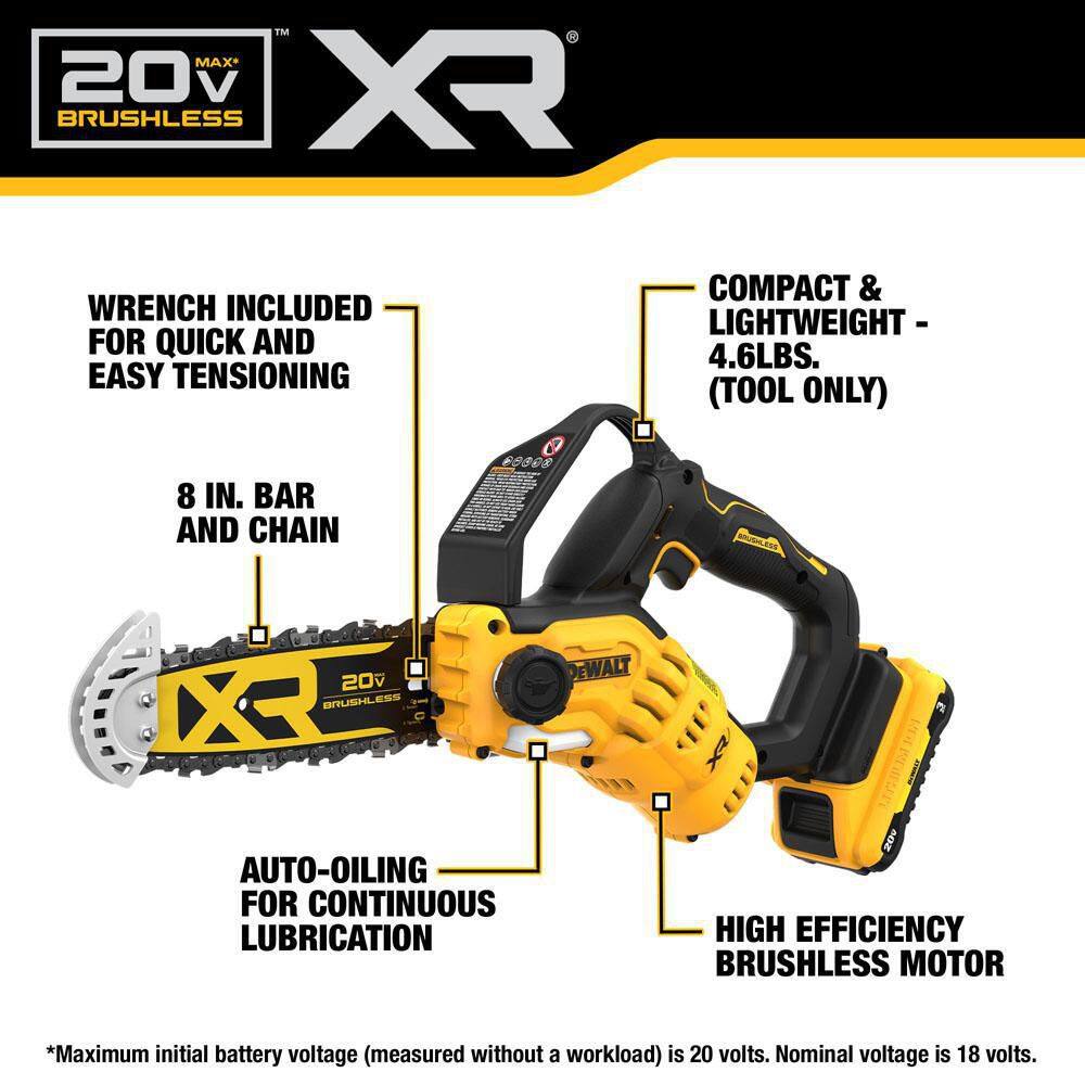 DEWALT DCCS623L1 8 in. 20-Volt Lithium-Ion Pruning Electric Battery Chainsaw Kit with 3Ah Battery and Charger