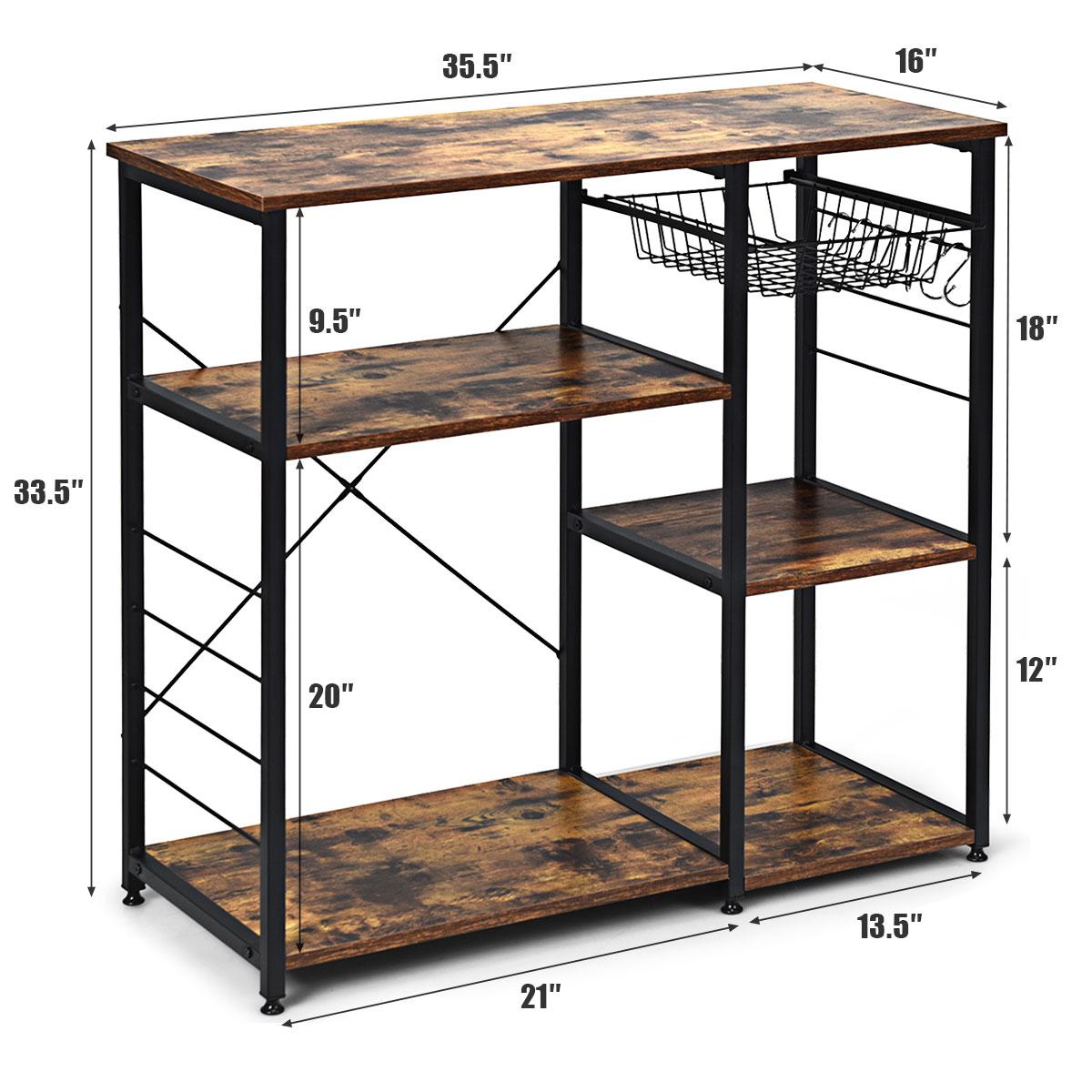 Giantex 3-Tier Kitchen Baker’s Rack， Utility Storage Shelf， Industrial Microwave Oven Stand Metal Frame w/Shelf， Wire Basket， Hooks， Coffee Bar Table Home Office， Brown
