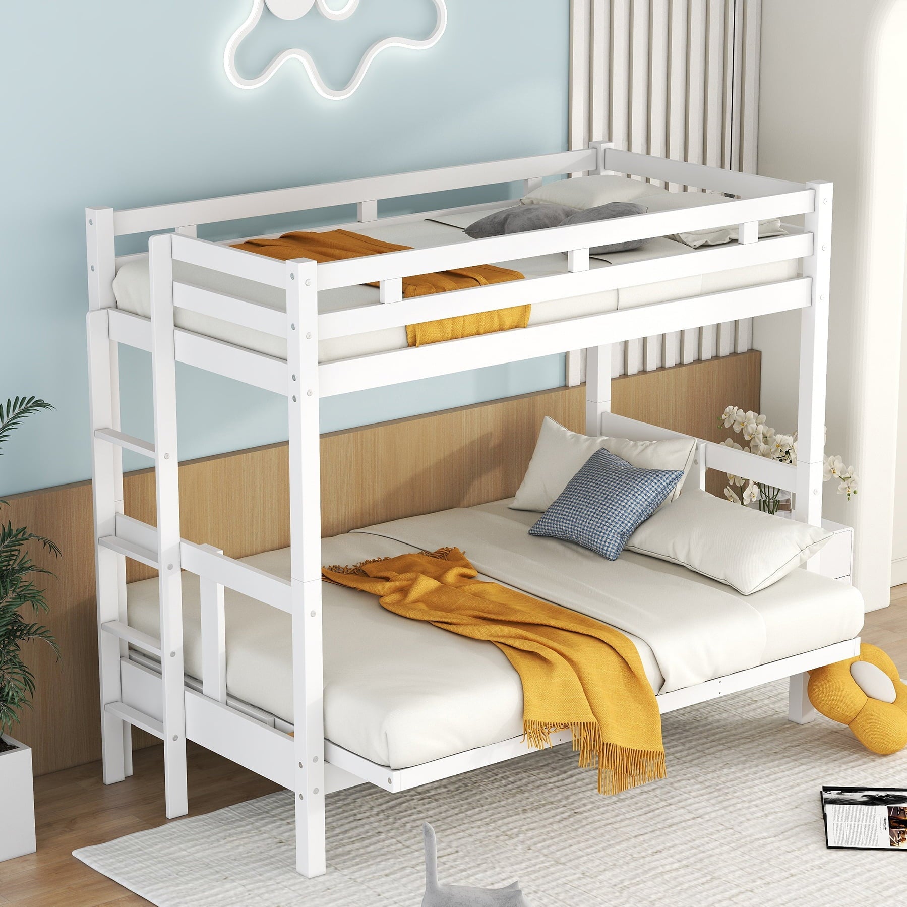 Bellemave Twin Over Full/Futon Bunk Beds, Wood Bunk Bed Frame can be Converted into Couch, 2 in 1 Detachable Bunk Bed for Kids Teens Adults (White)