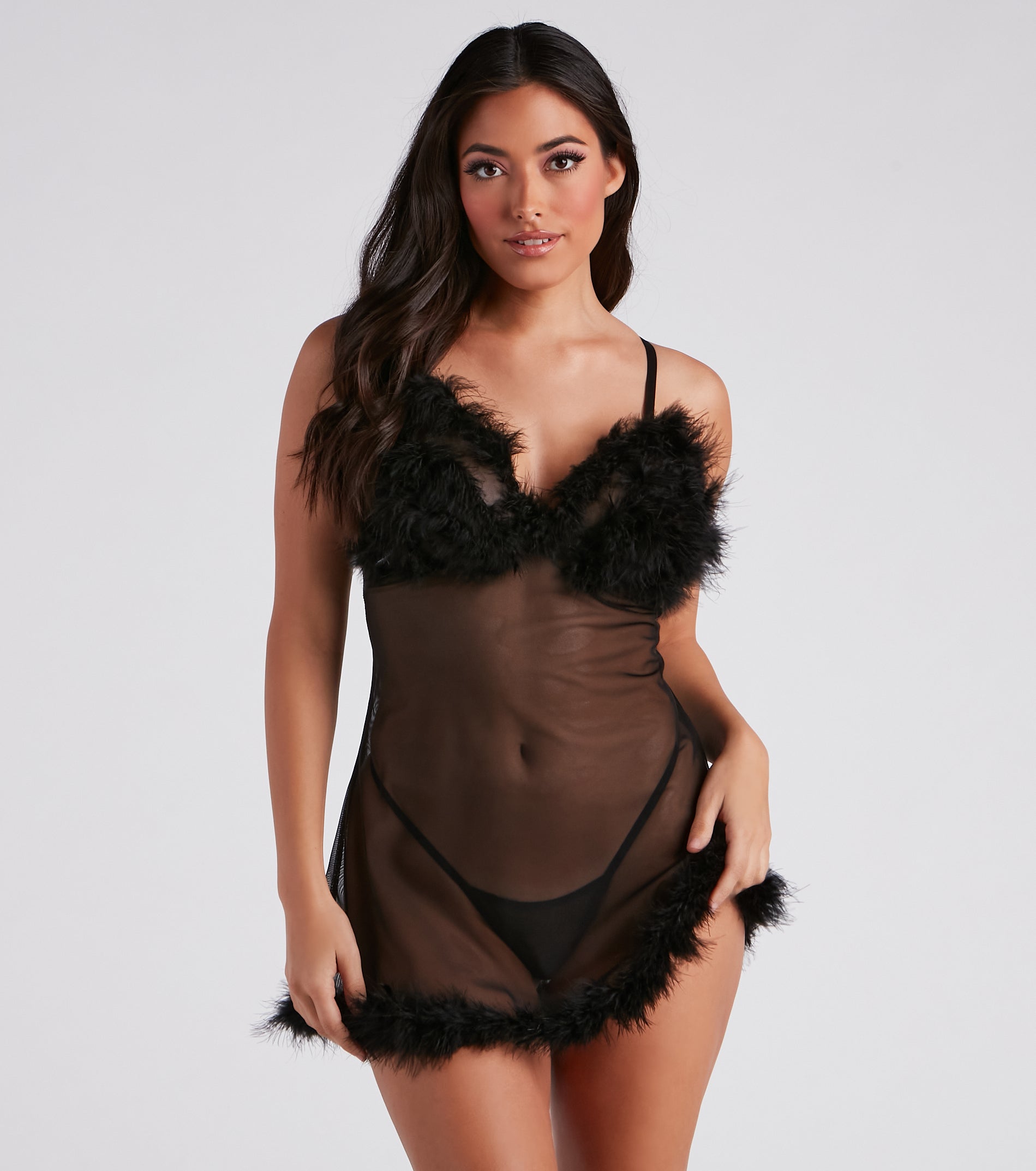 Such A Flirt Feather Trim Babydoll Dress And Panty Set