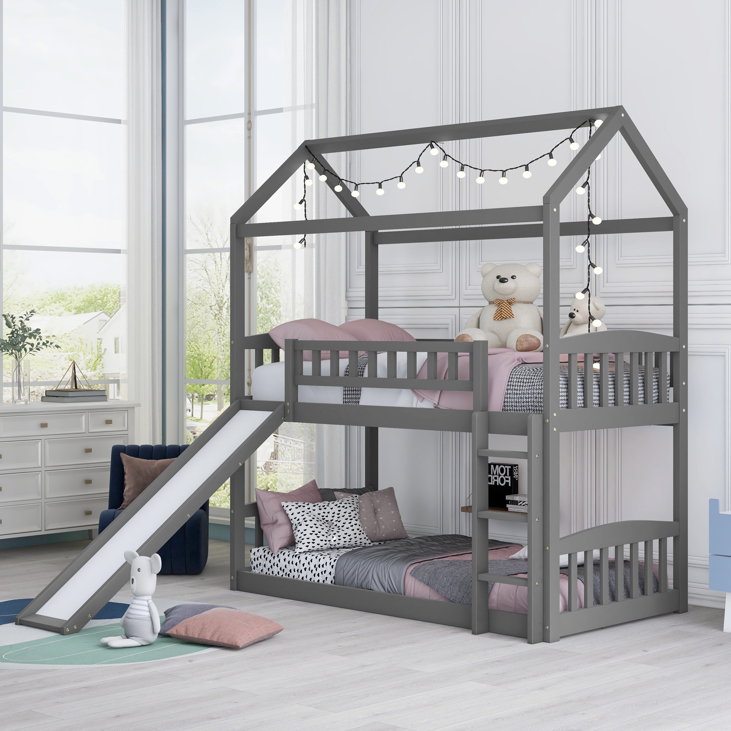 Bellemave Bunk Bed with Slide, Wood Twin Over Twin House Bed Frame with Ladder for Kids Teens(Gray)