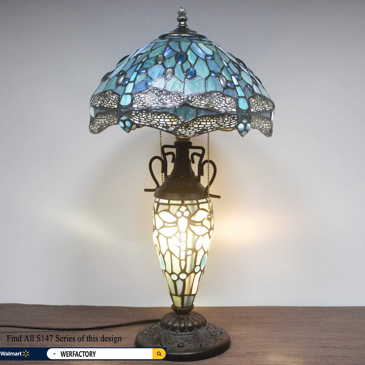Rustic  Table Lamp with Nightlight Sea Blue Stained Glass Dragonfly Style Desk Light Vintage Base 22" Tall Living Room Bedroom Bedside Nightstand Home Office Family WERFACTORY Led Bulb Included