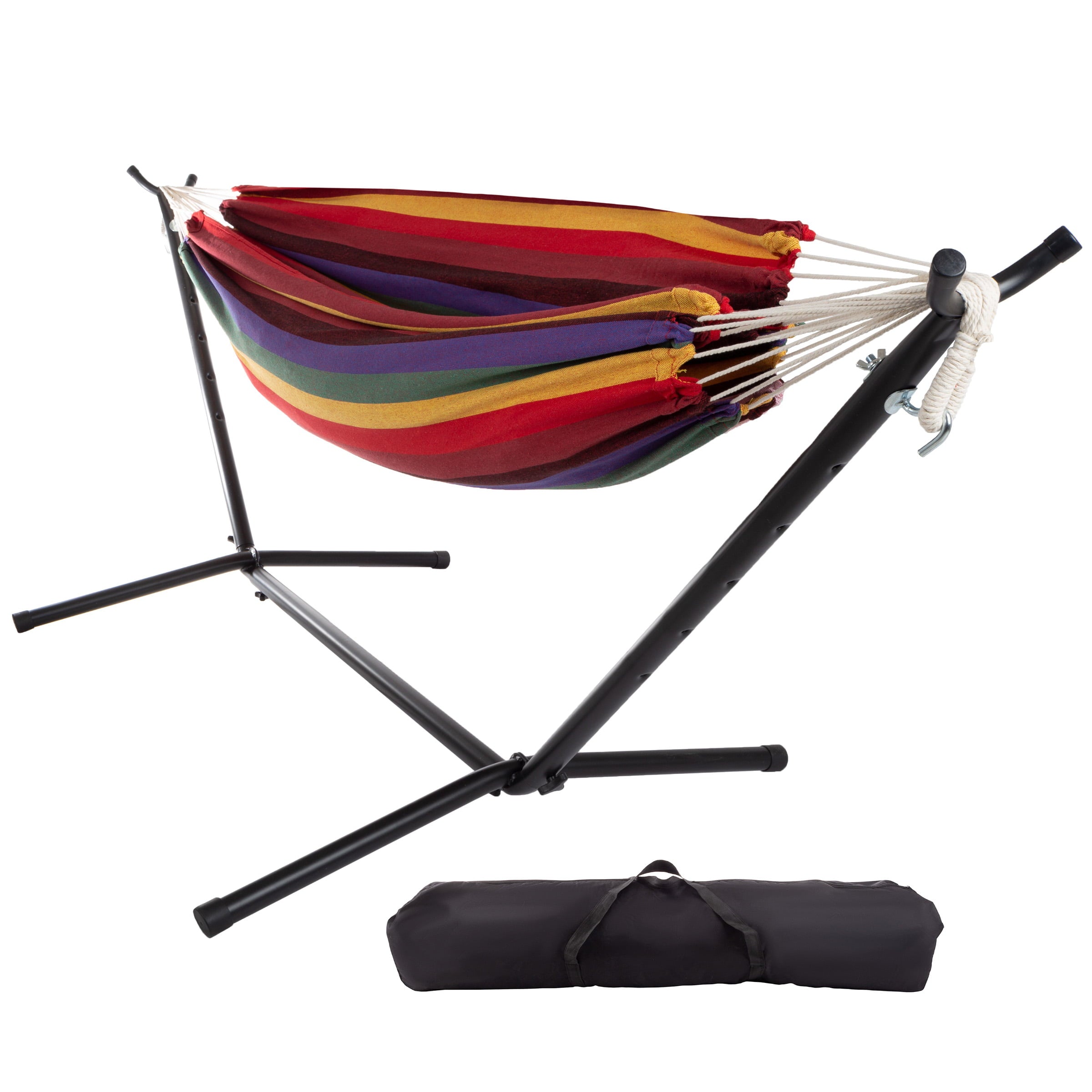 Pure Garden Brazilian Woven Cotton Double Hammock with Stand Included (Red/Purple/Yellow Stripes)