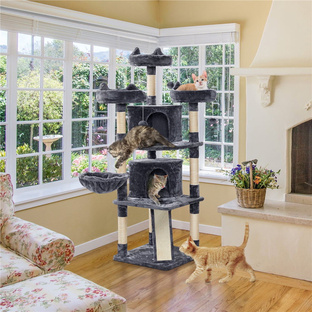 Topeakmart 69'' Large Cat Tree Tower with 2 Condos and Scratching Post， Dark Gray