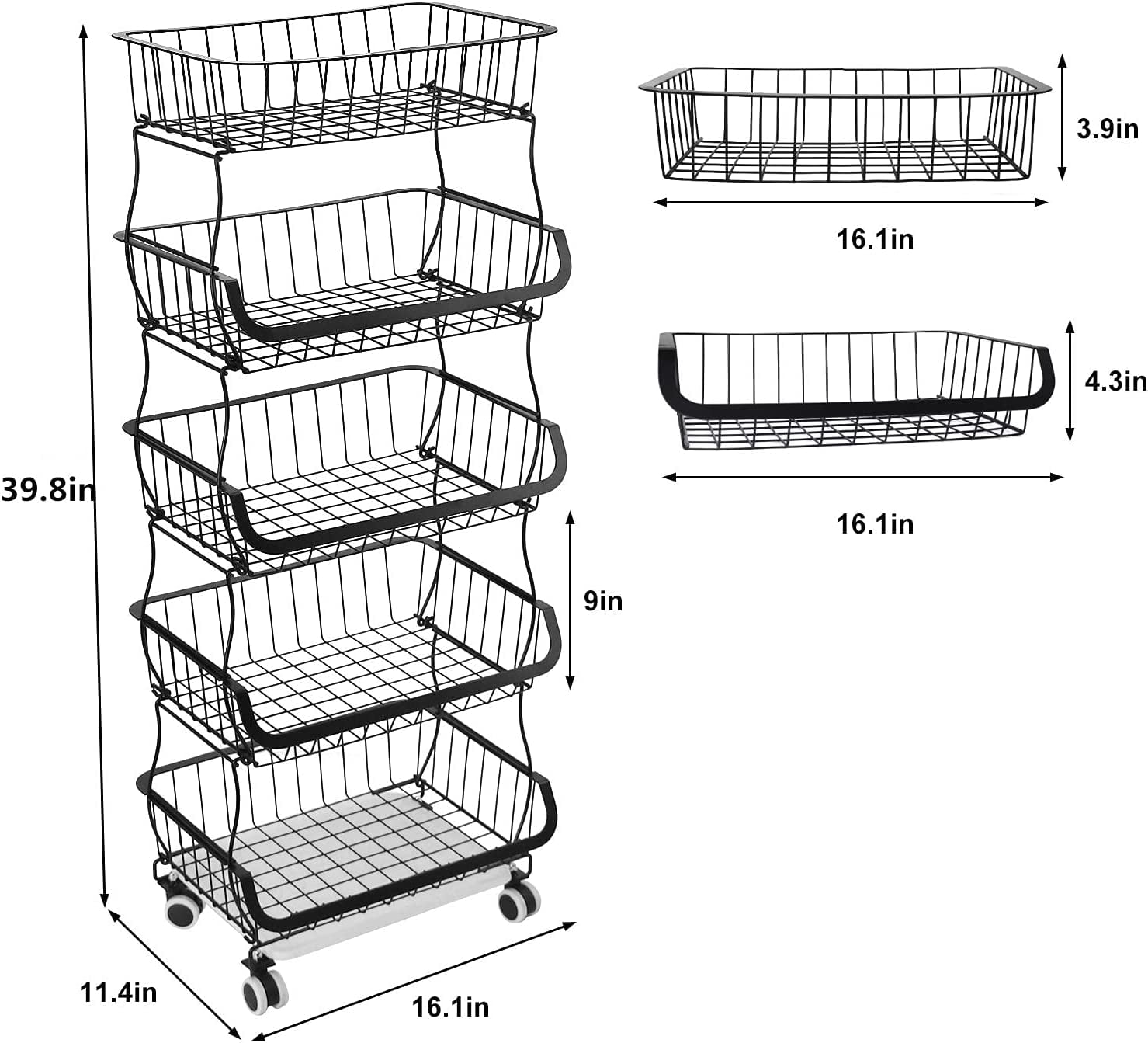 Fruit and Vegetable Basket， 5 Tier Metal Wire Stackable Kitchen Storage Rack for Kitchen， Bathroom， Pantry