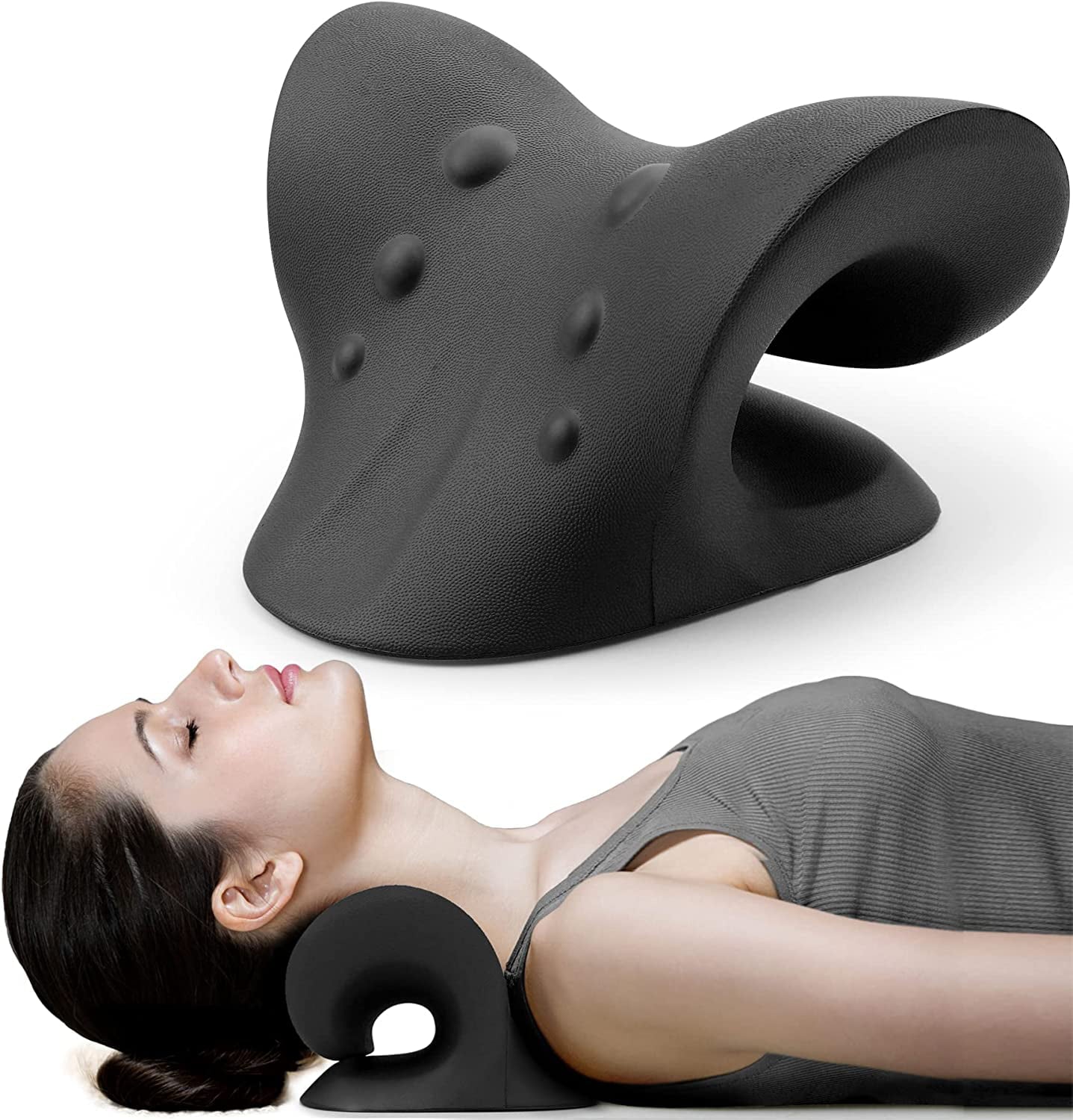WANDF Neck and Shoulder Relaxer, Cervical Traction Device for TMJ Pain Relief and Cervical Spine Alignment, Chiropractic Pillow Neck Stretcher(BLACK)