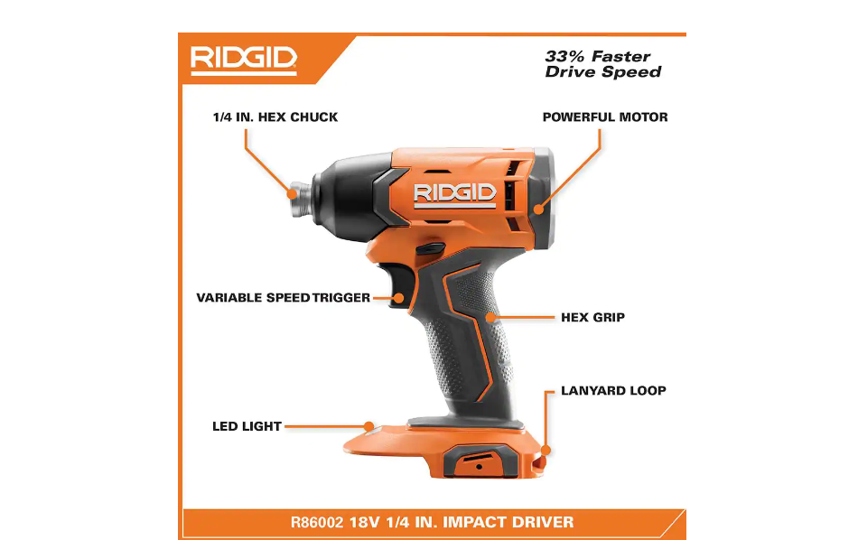 RIDGID R86002B 18V Cordless 1/4 in. Impact Driver (Tool Only)