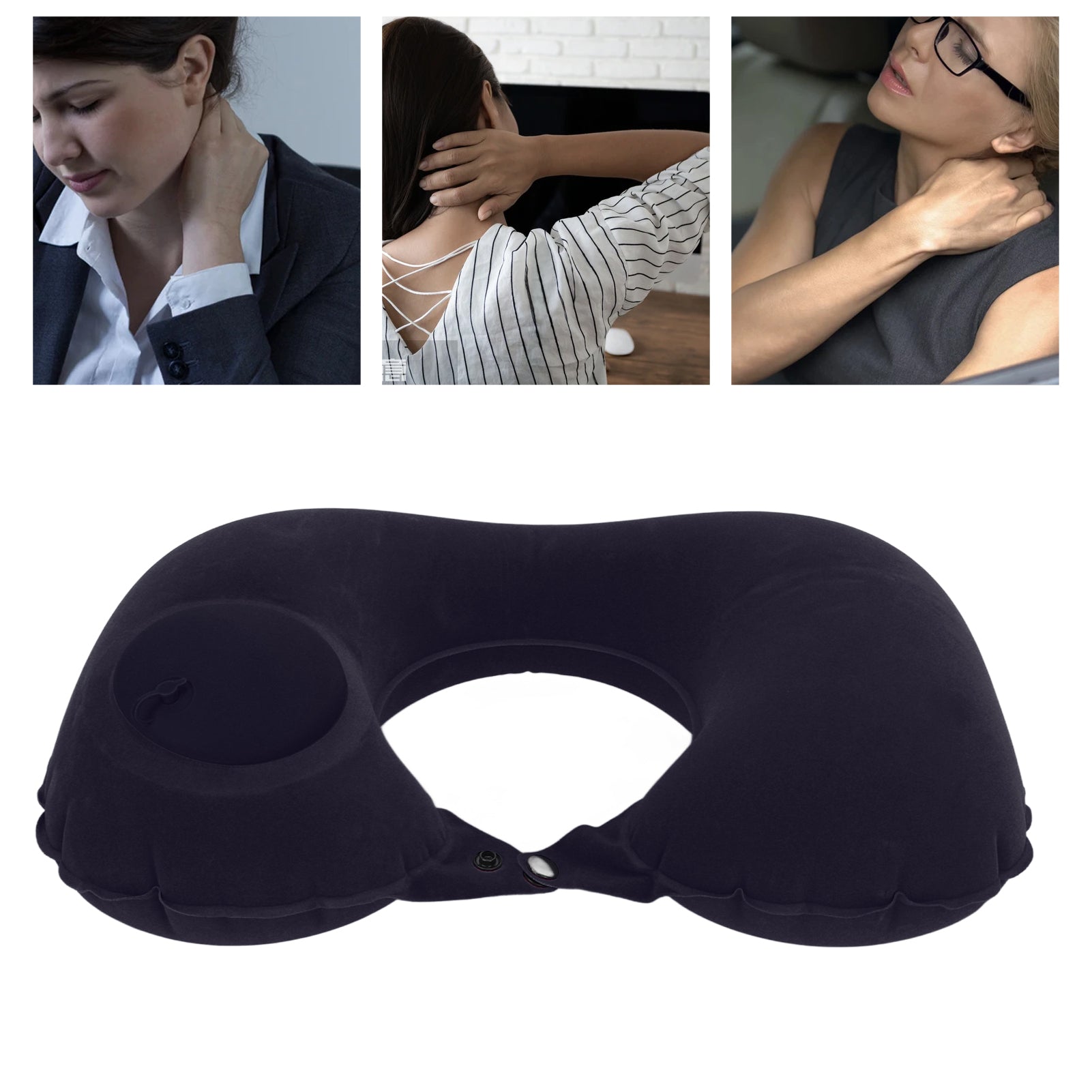 Neck Pillow, U Shaped Pillow Sofft  Buckle Flocking Fabric Ergonomic Cervical Protection Wide Application  For Airplane Dark Blue