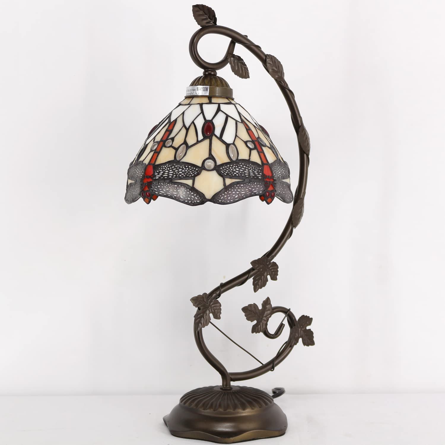 SHADY  Style Lamp Amber Stained Glass Dragonfly Table Lamp  Metal Leaf Base 8X10X21 Inches Desk Light Decor Small Space Bedroom Home Office S557 Series