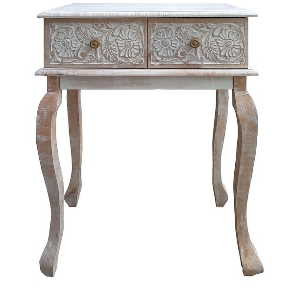 （Preferred Choice for Luxury wood Furniture)2 Drawer Mango Wood Console Table with Floral Carved Front; Brown and White - 35