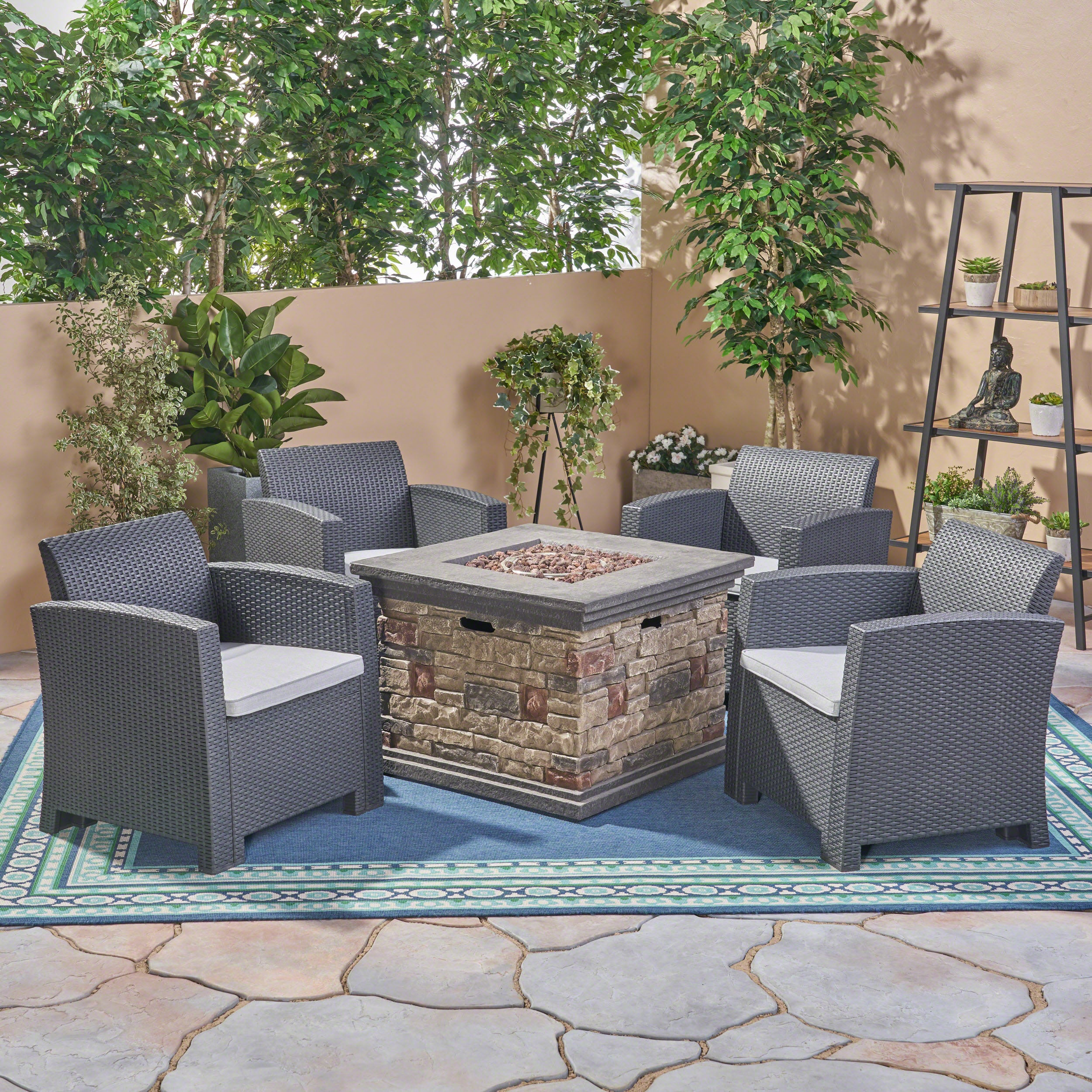 Casey Outdoor 4-Seater Wicker Print Club Chair Chat Set with Fire Pit